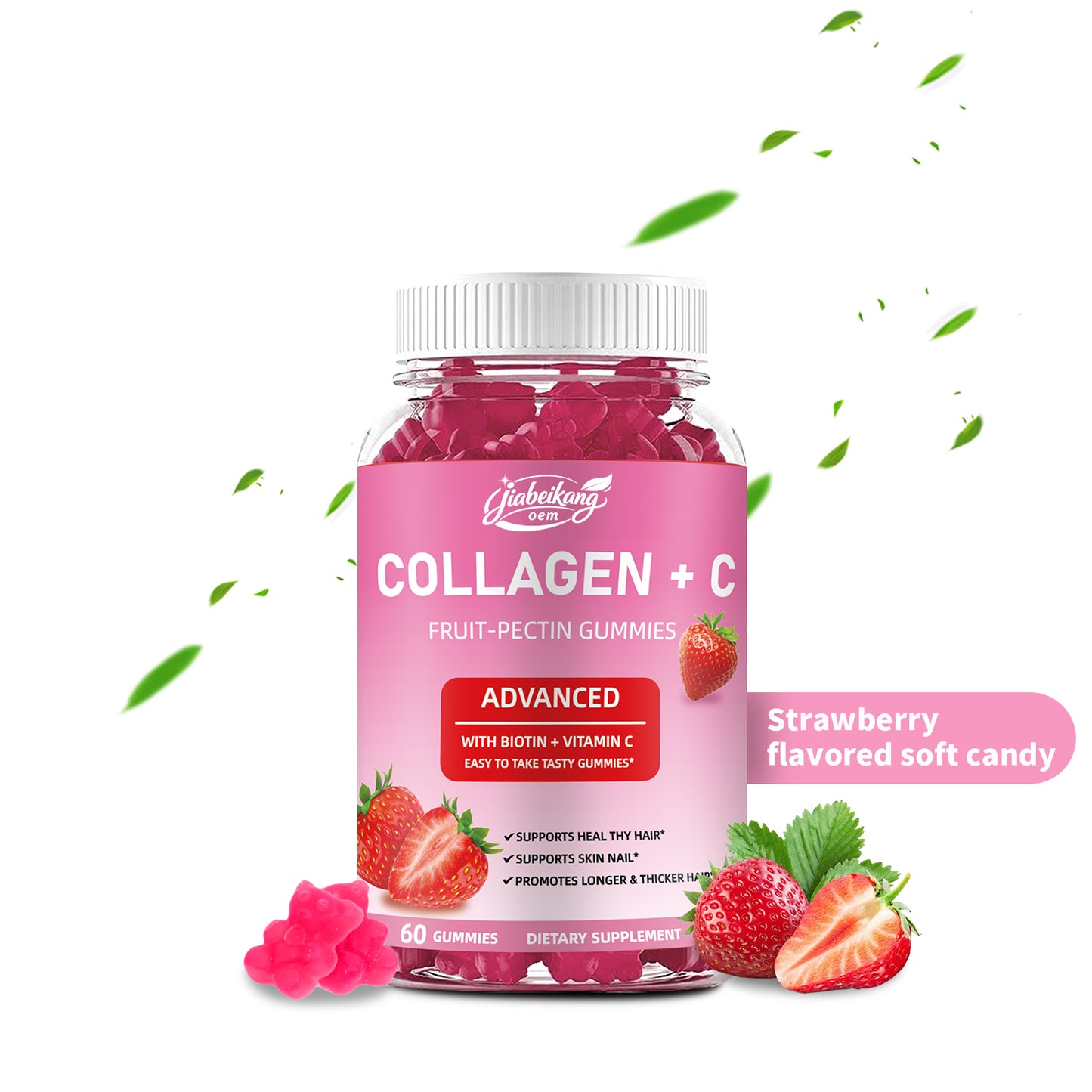Fast shipping ready stock wholesale strawberry flovar organic multivitamins skin hair nails health whitening collagen+c gummies