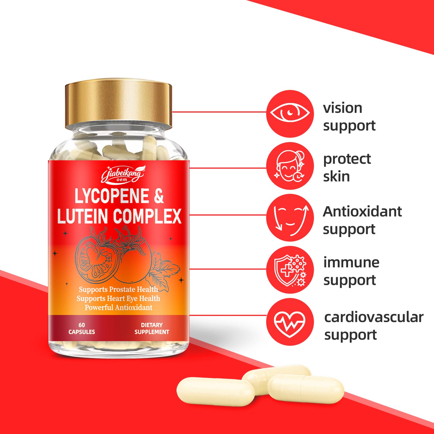 Jiabeikang Factory Wholesale vitamins cardiovascular and vision health supplements lycopene lutein 2 in 1 capsules