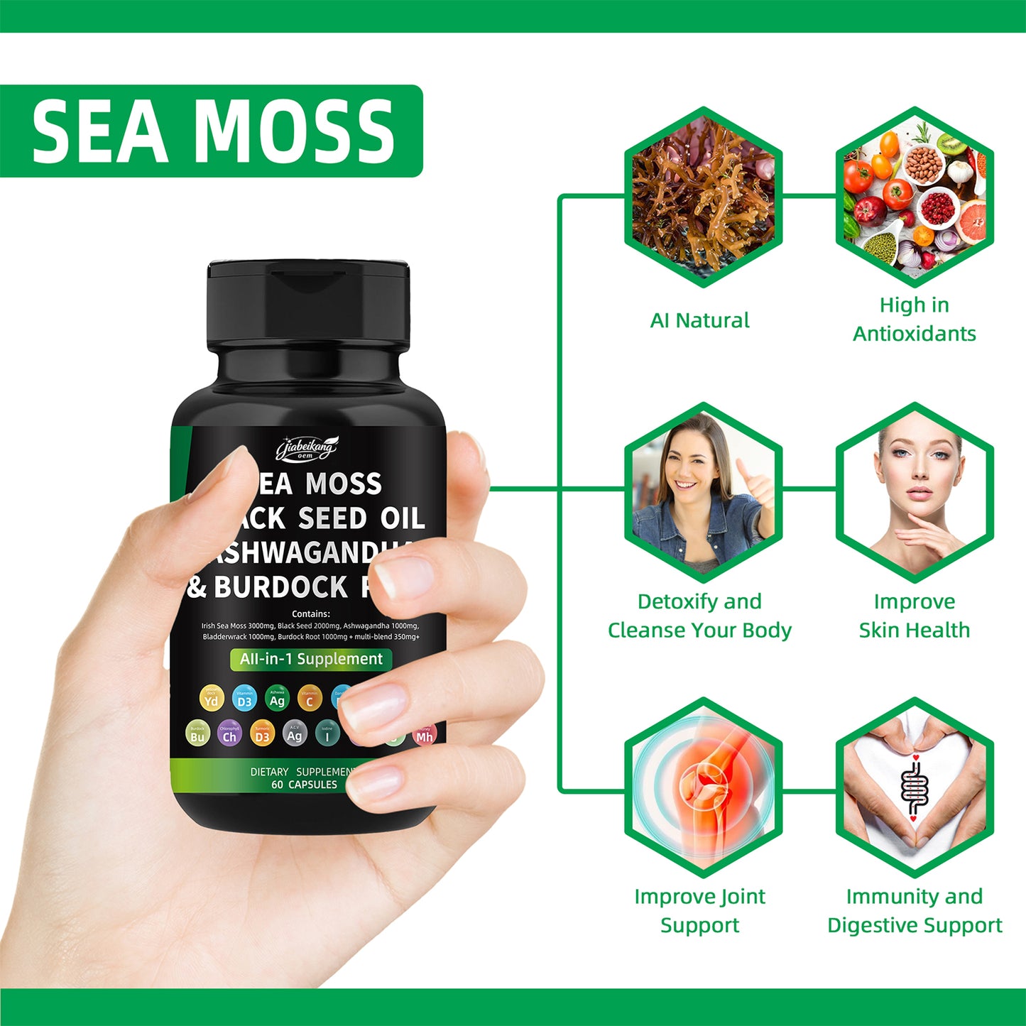 Effective formula ready stock wholesale private label sea moss ashwagandha black seed oil multivitamin seamoss capsules
