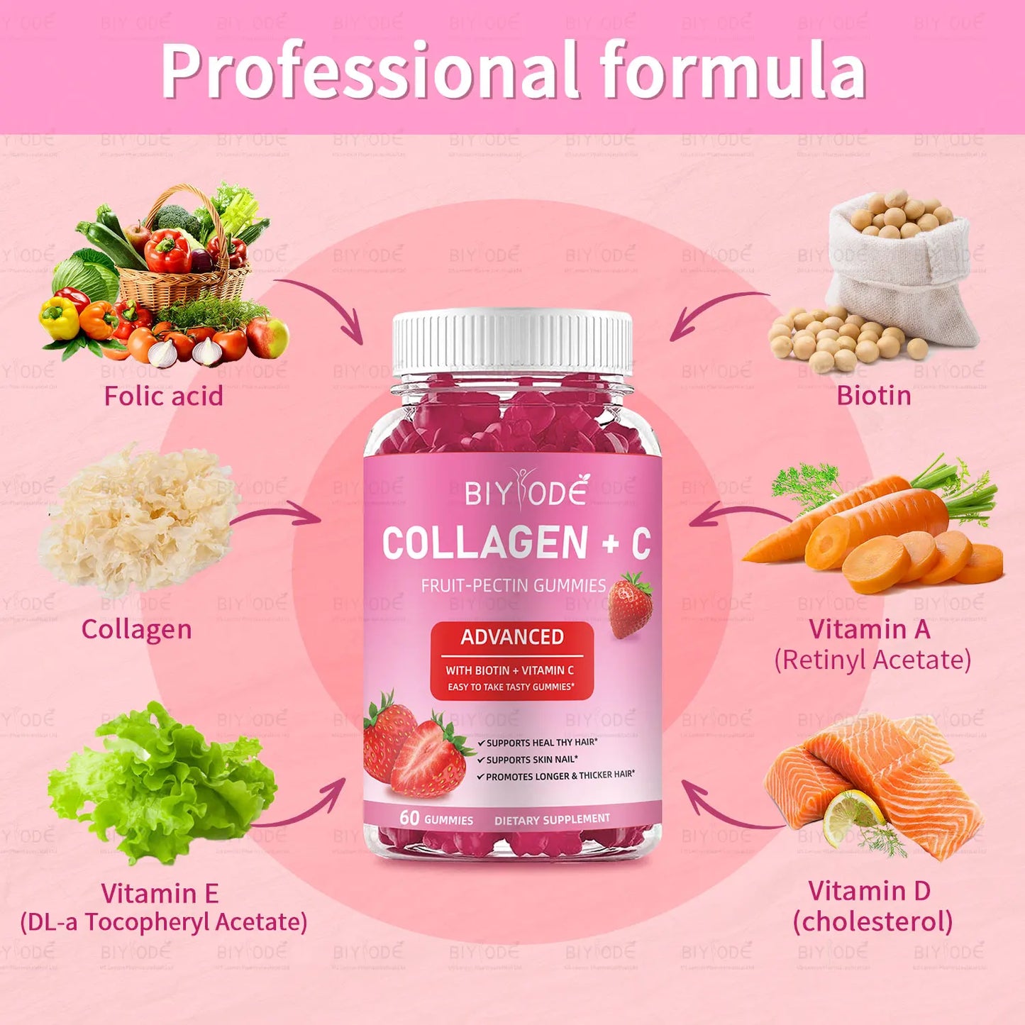 Fast shipping ready stock wholesale strawberry flovar organic multivitamins skin hair nails health whitening collagen+c gummies