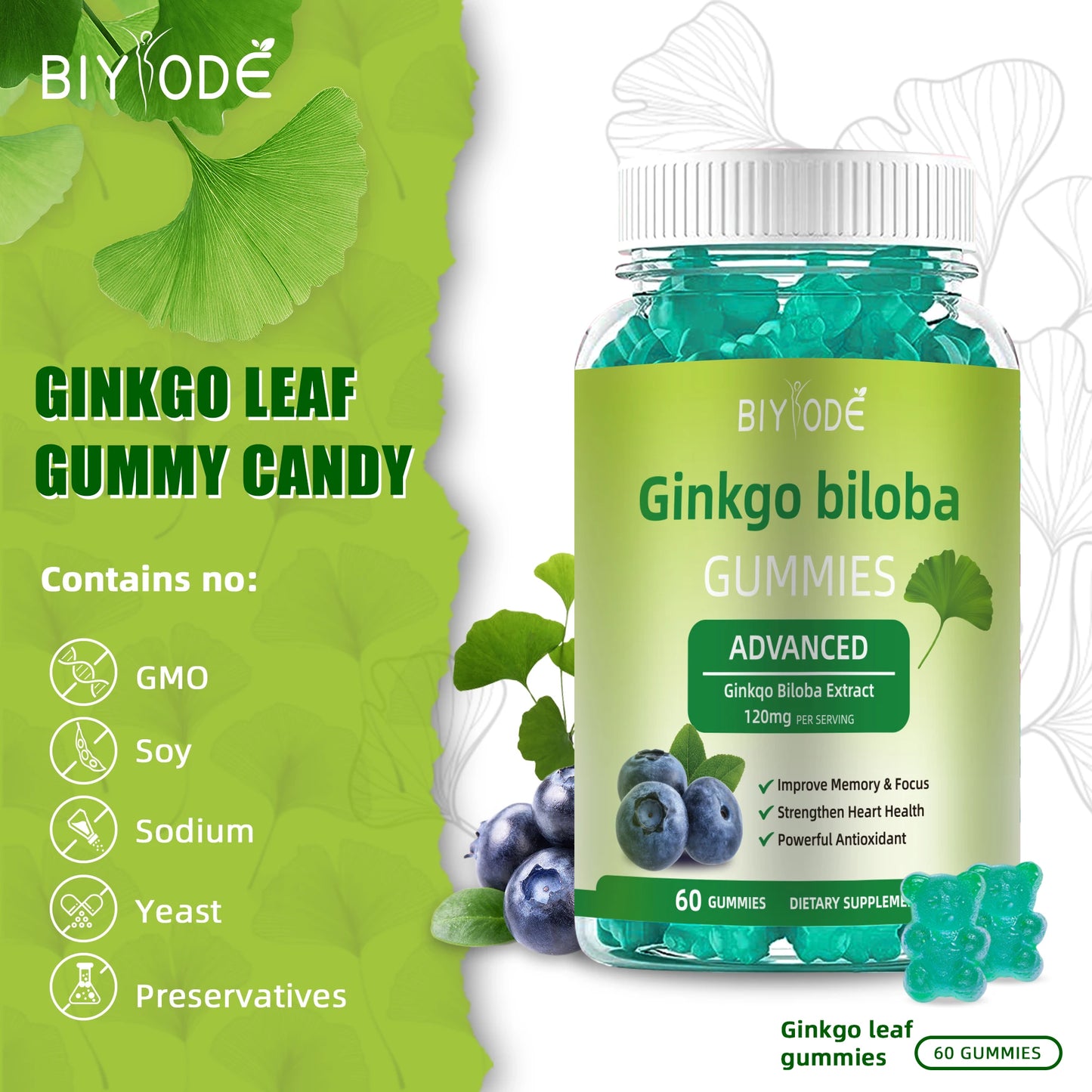 Jiabeikang Factory OEM ODM Custom Ready Stock Wholesale Herbal Supplement Memory and Focus Heart Health Ginkgo Biloba Gummies