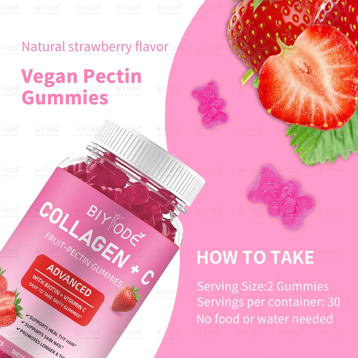 Fast shipping ready stock wholesale strawberry flovar organic multivitamins skin hair nails health whitening collagen+c gummies