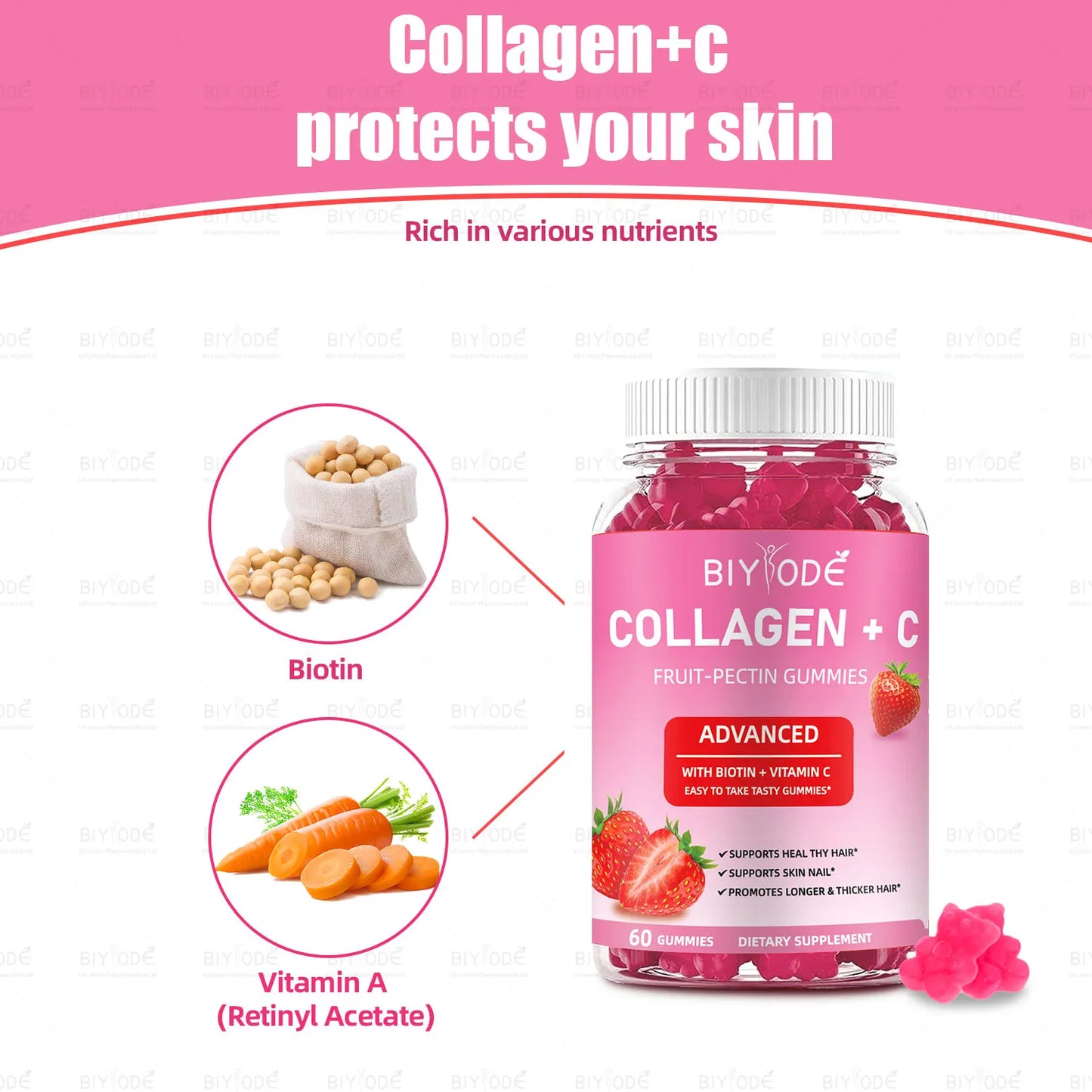 Fast shipping ready stock wholesale strawberry flovar organic multivitamins skin hair nails health whitening collagen+c gummies