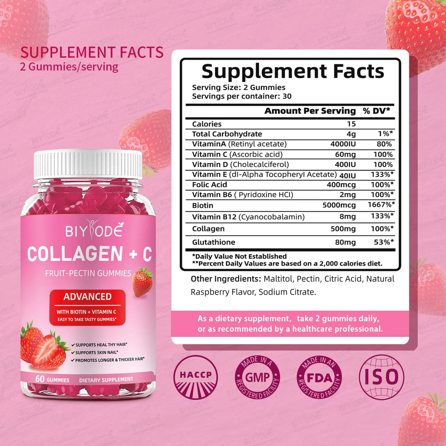 Fast shipping ready stock wholesale strawberry flovar organic multivitamins skin hair nails health whitening collagen+c gummies