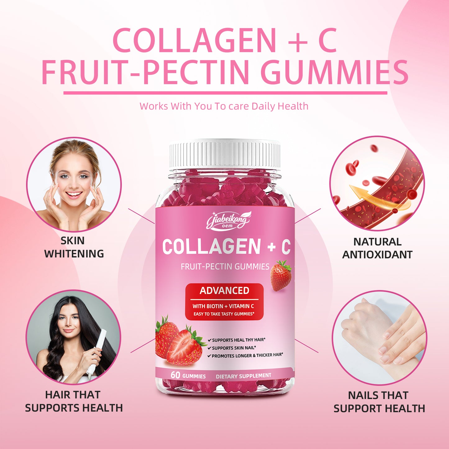 Fast shipping ready stock wholesale strawberry flovar organic multivitamins skin hair nails health  whitening collagen+c gummies