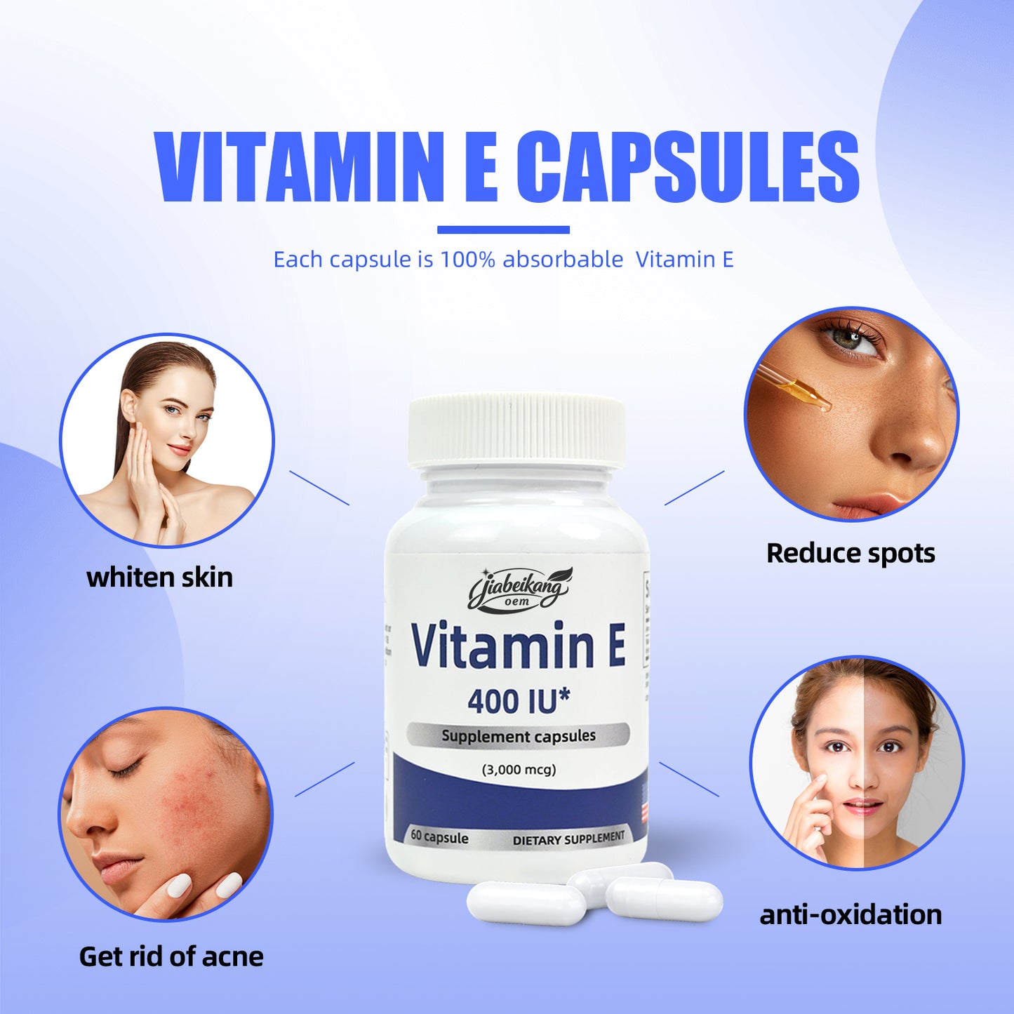 Wholesale Vitamins and Supplements Whiten Skin Get rid of acne Reduce spots Anti-oxidation Brain Heart Health Vitamin E Capsules