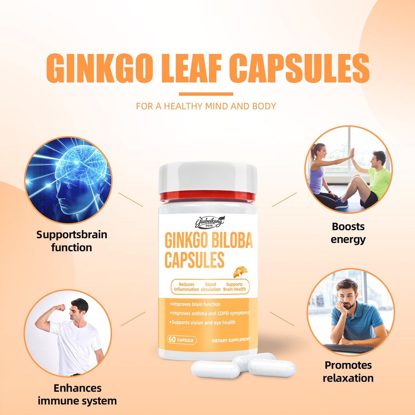 Jiabeikang Factory OEM ODM Custom Ready Stock Wholesale Brain Vision and Eye Health Herbal Supplement Ginkgo Biloba Capsules