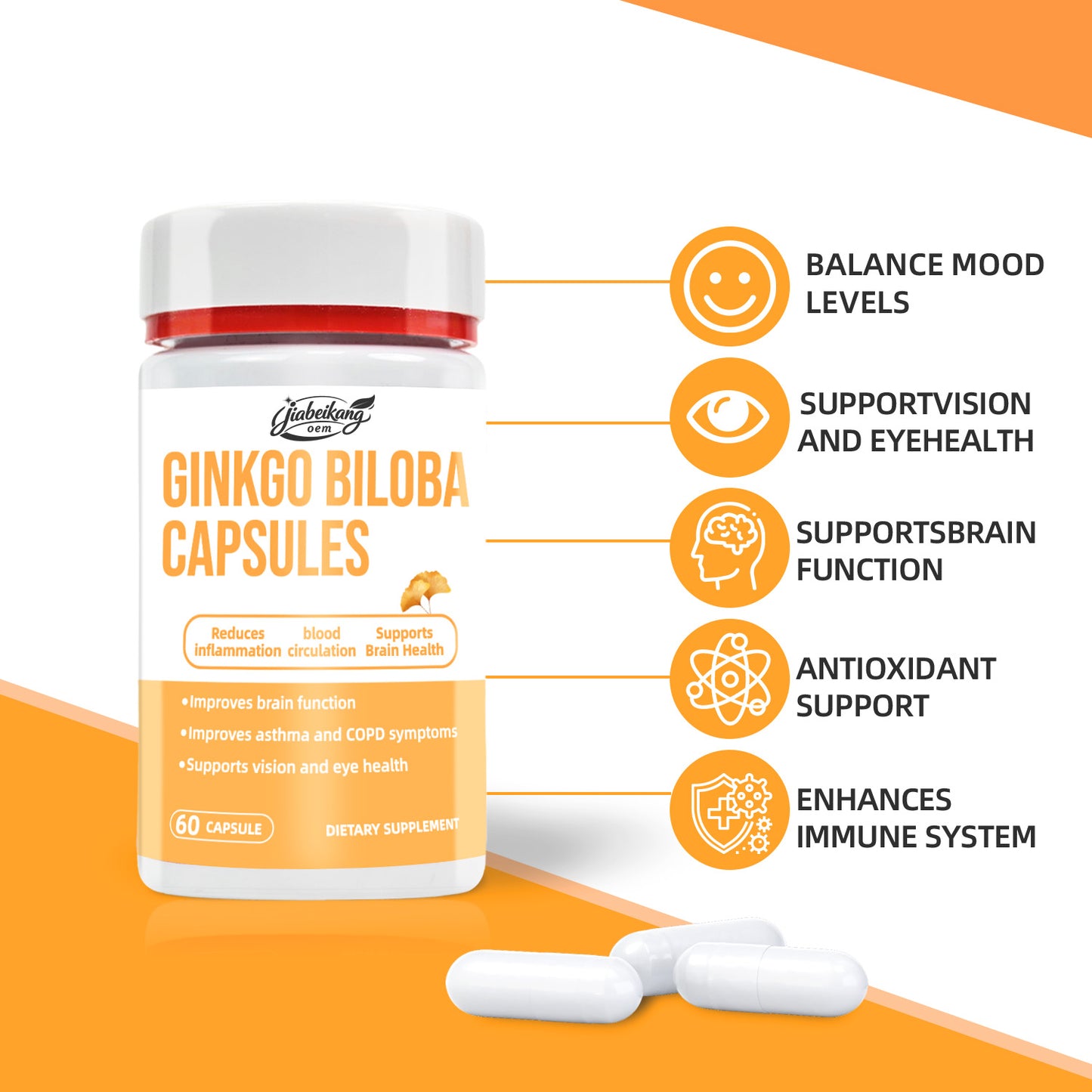 Jiabeikang Factory OEM ODM Custom Ready Stock Wholesale Brain Vision and Eye Health Herbal Supplement Ginkgo Biloba Capsules