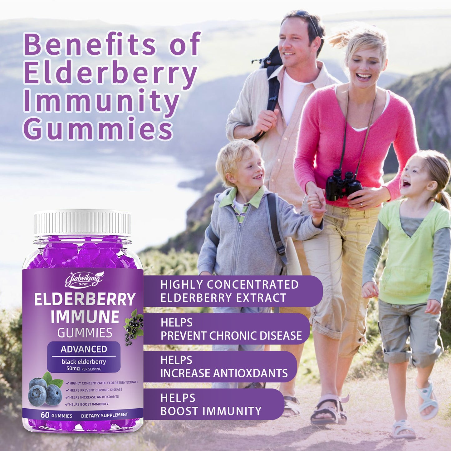 Jiabeikang Factory OEM ODM Custom Ready Stock Wholesale Immune Health Zinc Multi Vitamin Supplements Black Elderberry Gummies