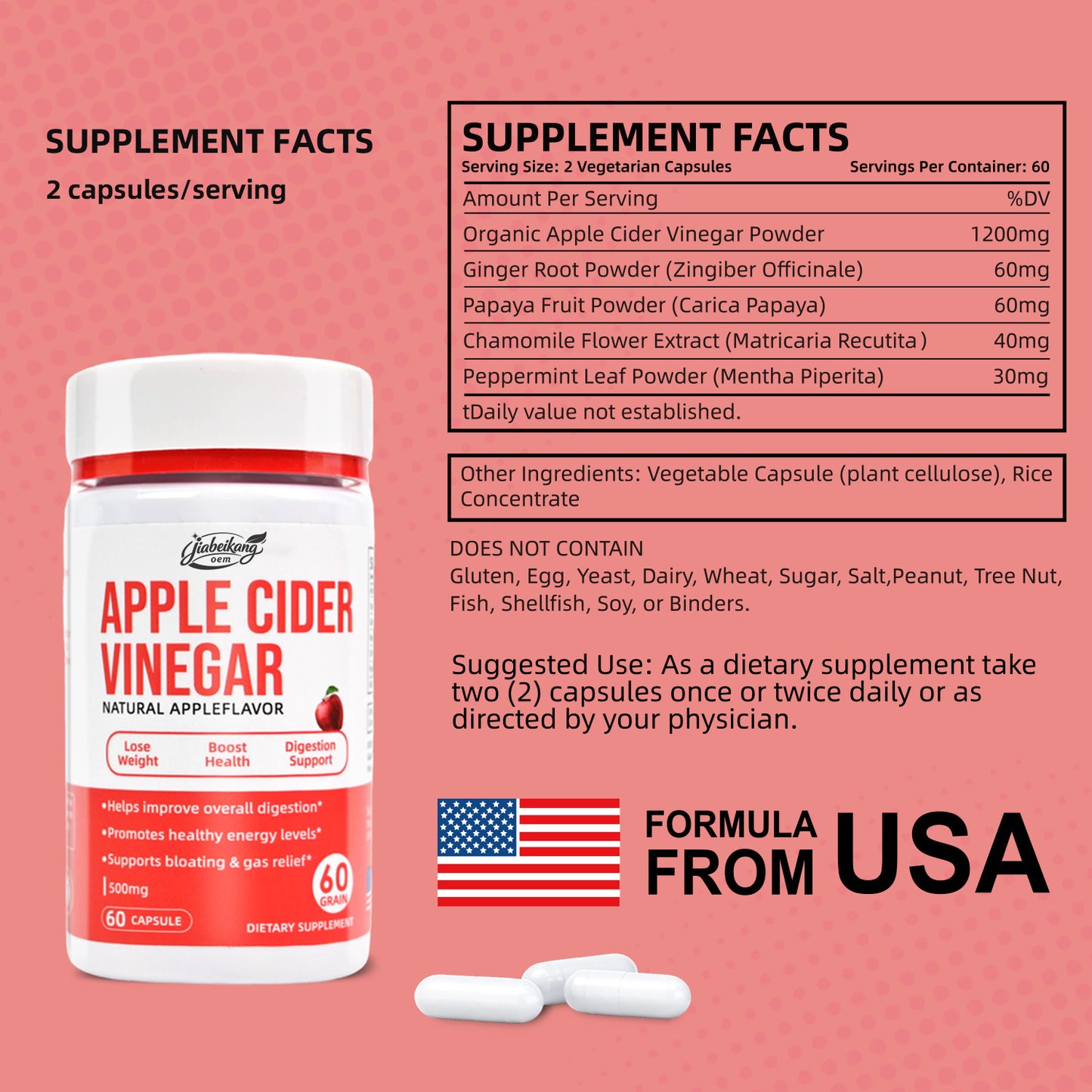 Jiabeikang Factory OEM ODM Custom Ready Stock Herbal Supplement Support Weight Management Apple Cider Vinegar Capsules