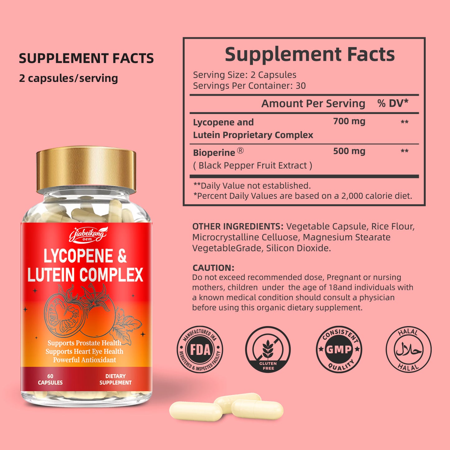 Jiabeikang Factory Wholesale vitamins cardiovascular and vision health supplements lycopene lutein 2 in 1 capsules