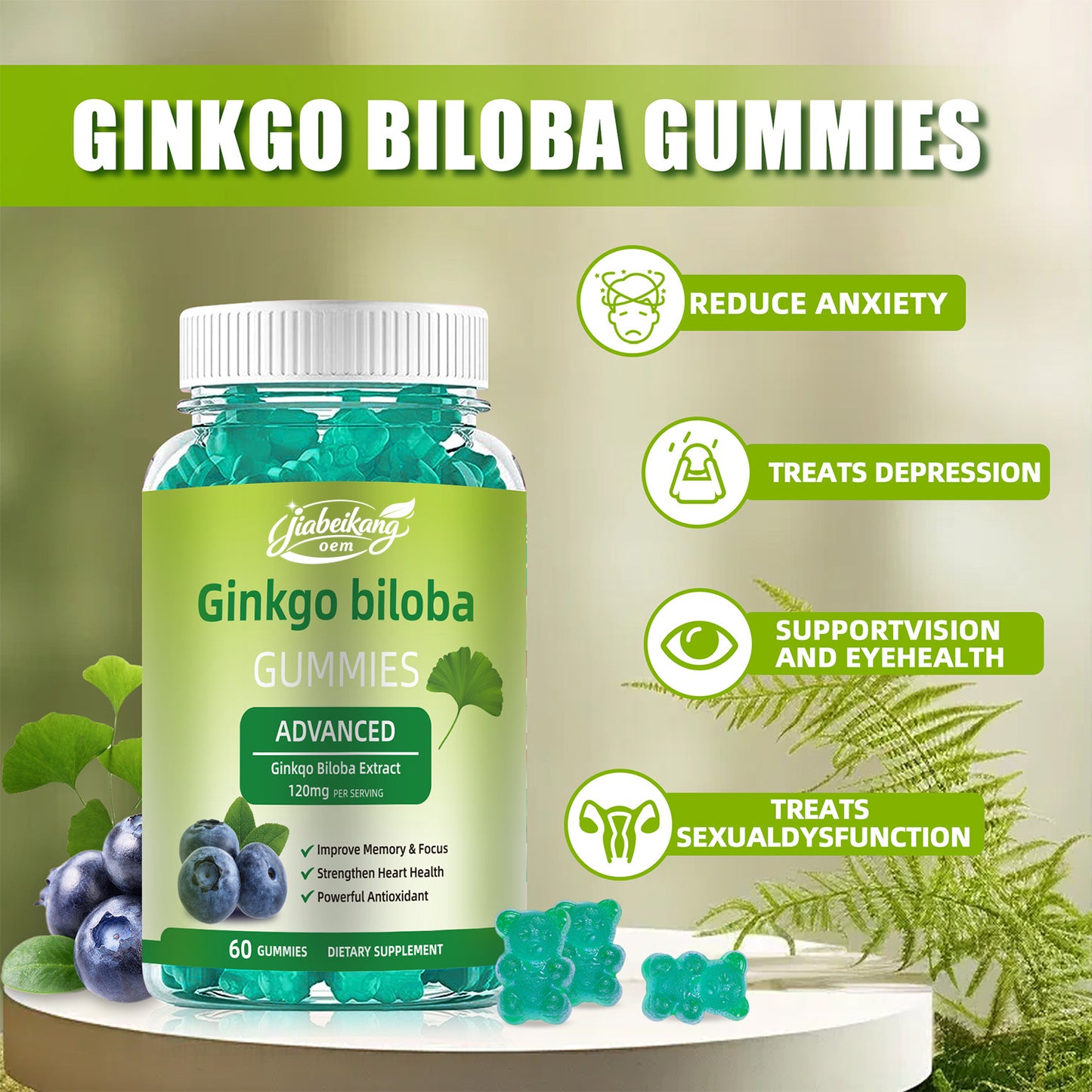 Jiabeikang Factory OEM ODM Custom Ready Stock Wholesale Herbal Supplement Memory and Focus Heart Health Ginkgo Biloba Gummies