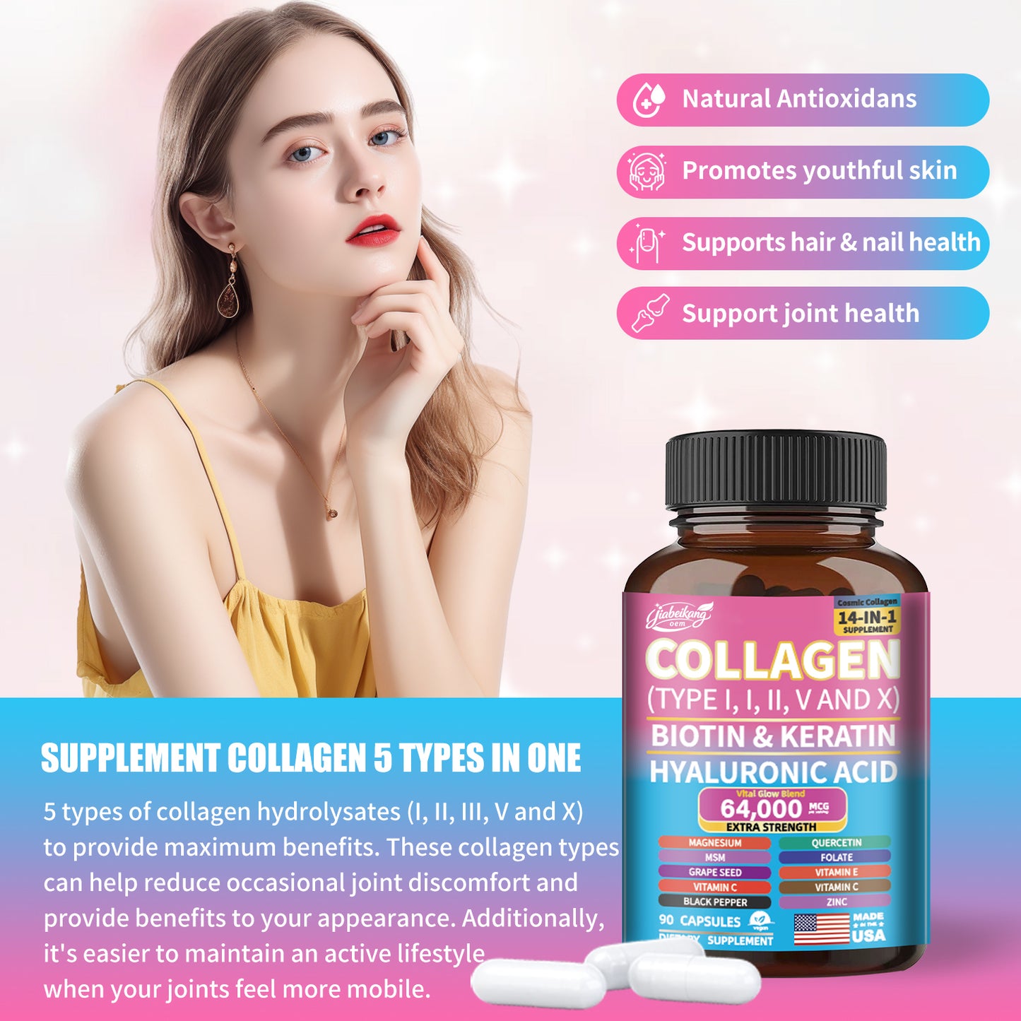 OEM ODM custom private label supplement manufacturer 14 in 1 collagen capsules