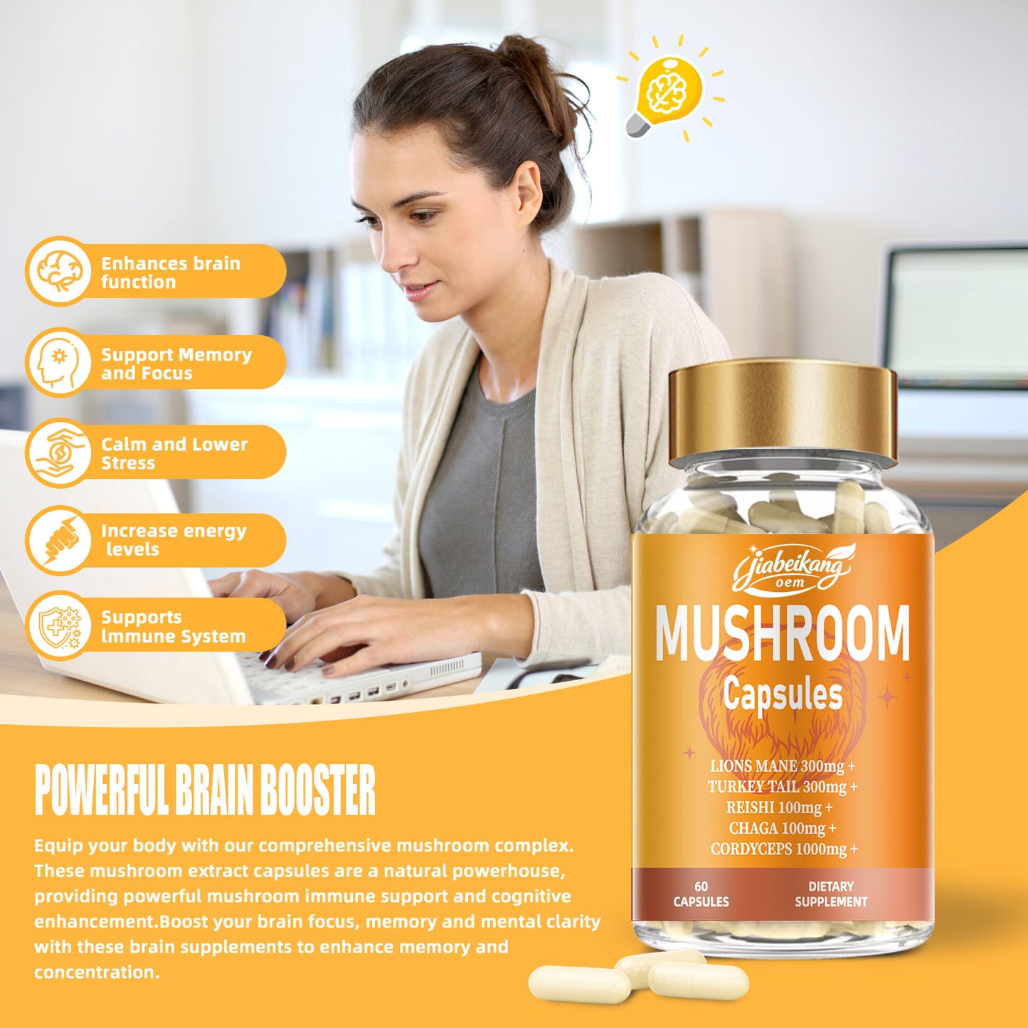 Jiabeikang Factory OEM ODM Custom Ready Stock Wholesale Immune Support Herbal Supplement Reishi Chaga Cordyceps Mushroom Capsule