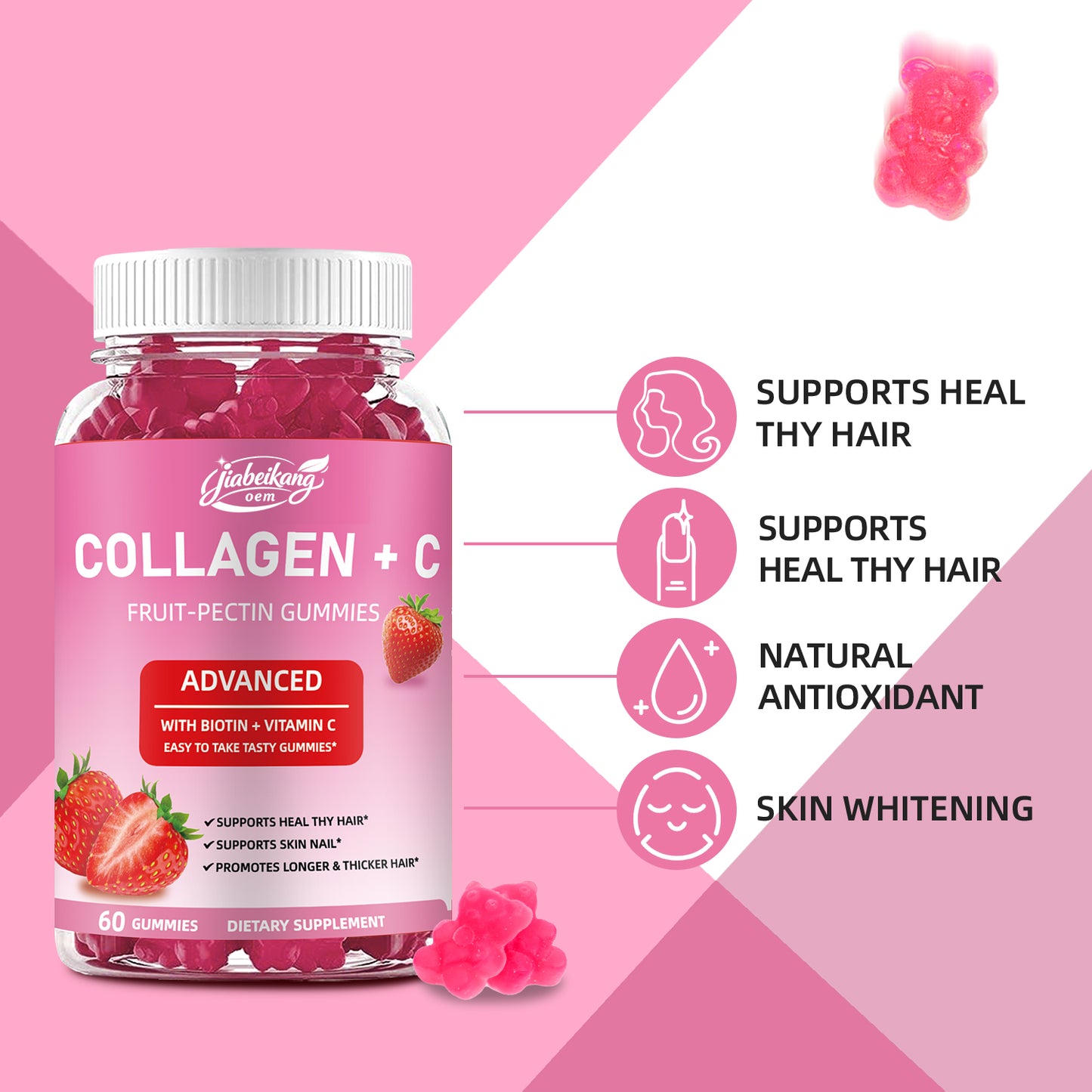 Fast shipping ready stock wholesale strawberry flovar organic multivitamins skin hair nails health  whitening collagen+c gummies