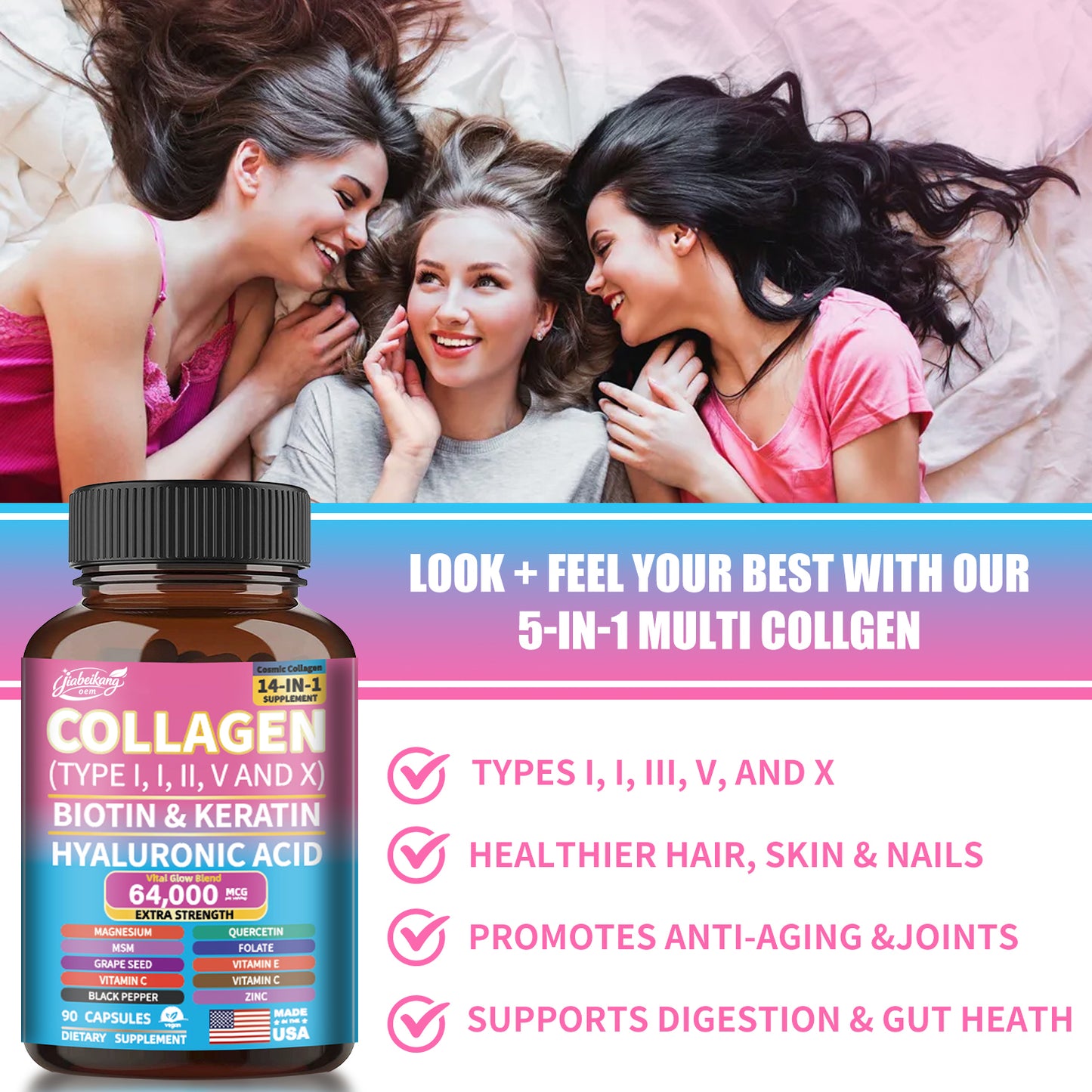 OEM ODM custom private label supplement manufacturer 14 in 1 collagen capsules