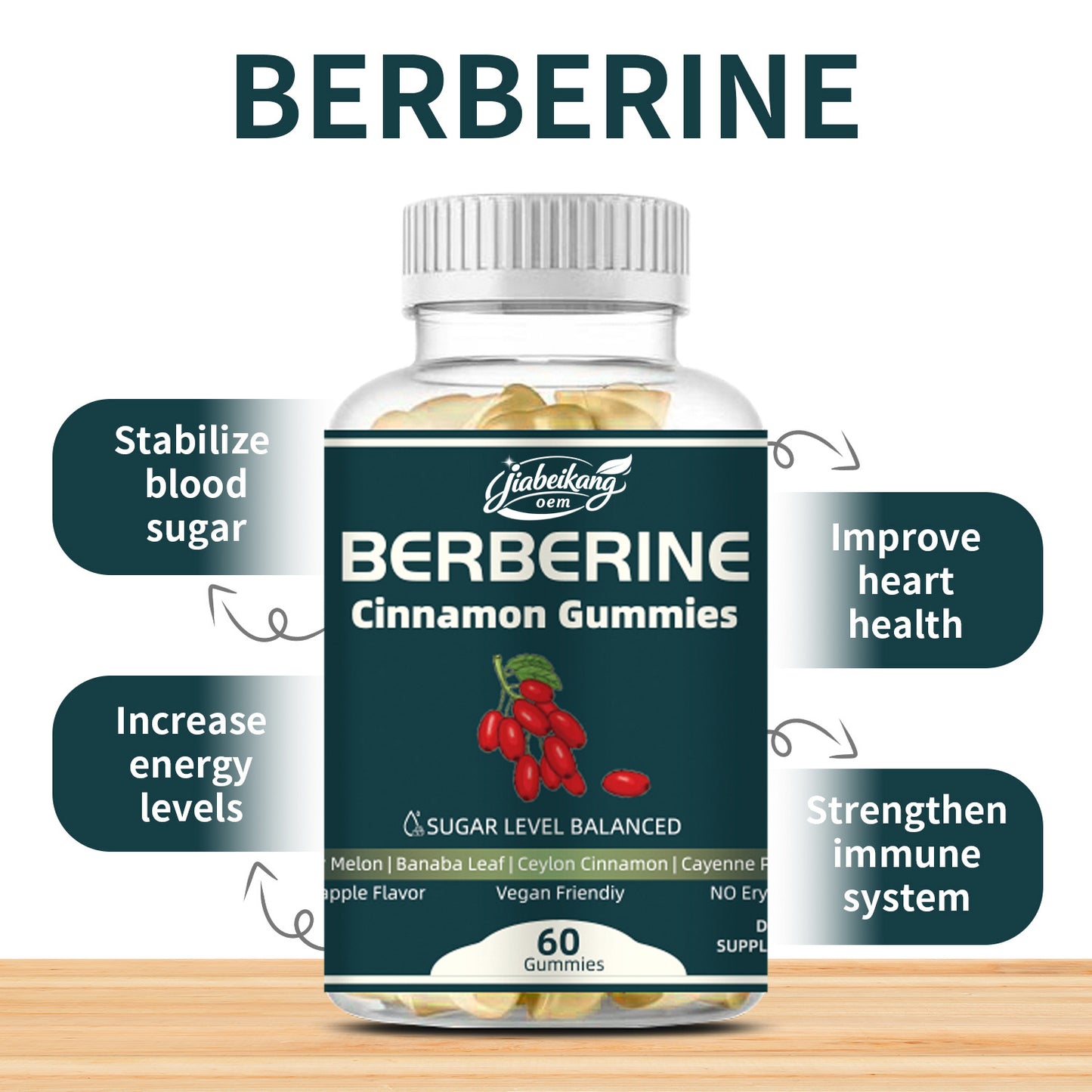 Jiabeikang Factory OEM ODM Custom Ready Stock Wholesale Herbal Supplement Stabilize Blood Sugar Berberine Cinnamon Gummies