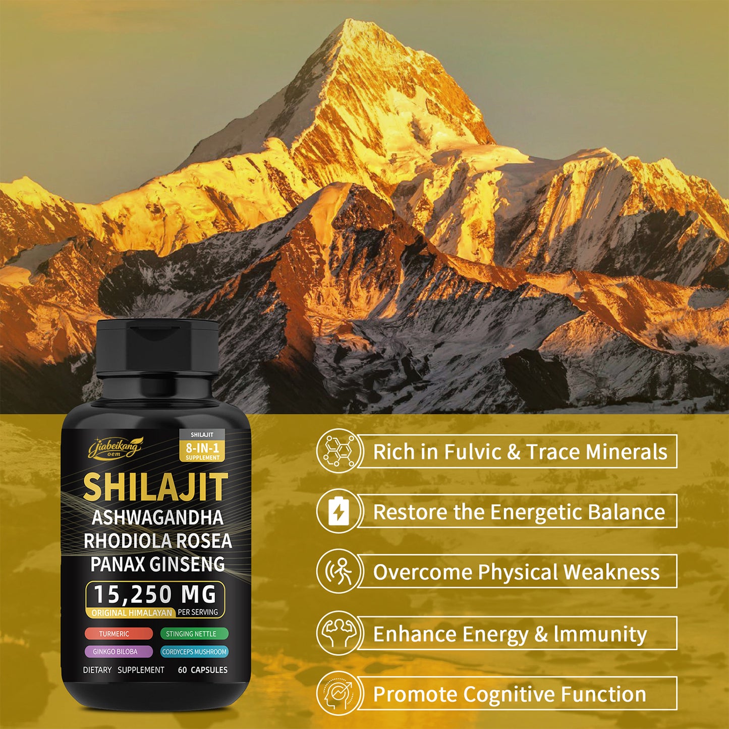 New good ready formula pure himalayan shilajit capsules with ashwagandha ginseng healthcare vitamin 8 in 1 energy supplement