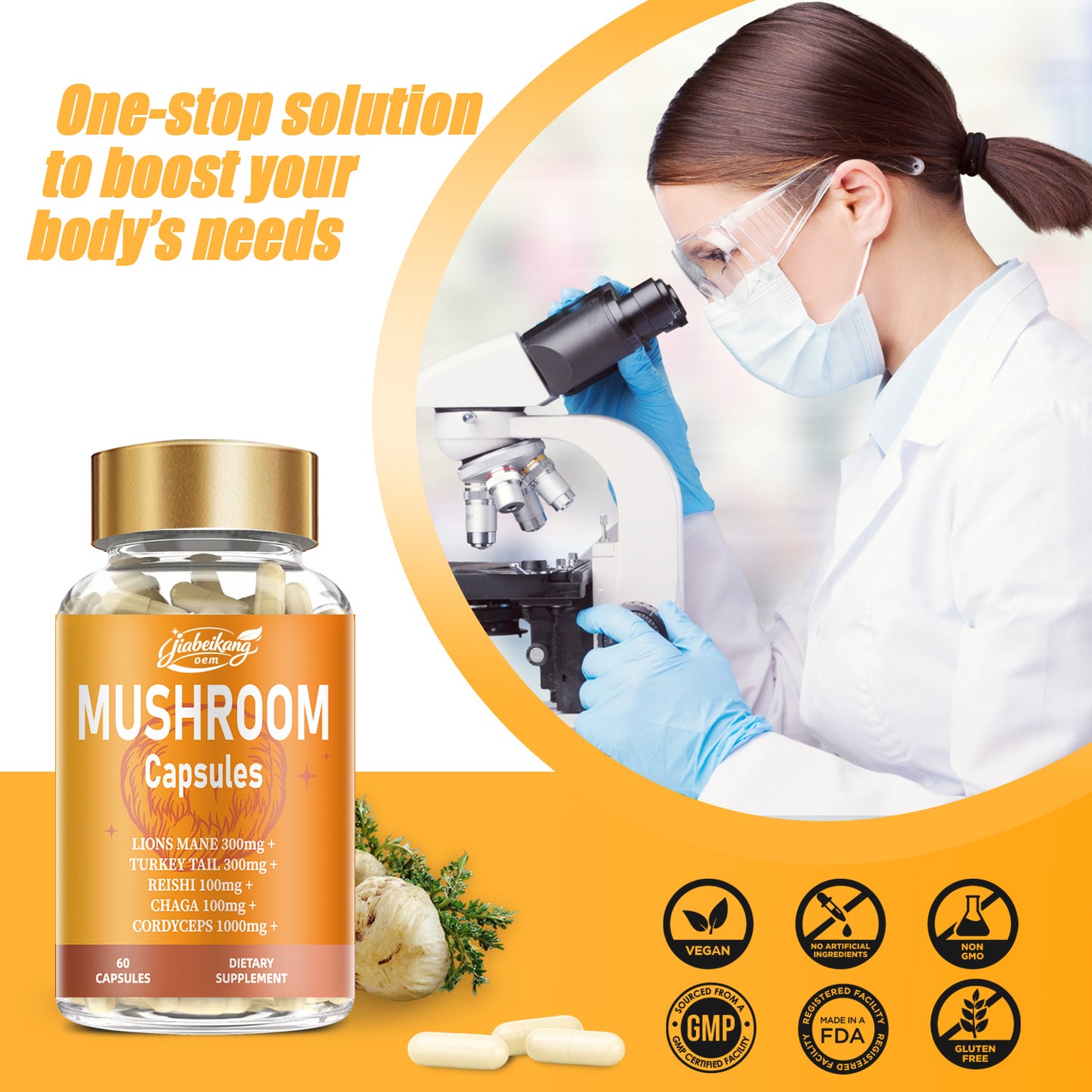 Jiabeikang Factory OEM ODM Custom Ready Stock Wholesale Immune Support Herbal Supplement Reishi Chaga Cordyceps Mushroom Capsule