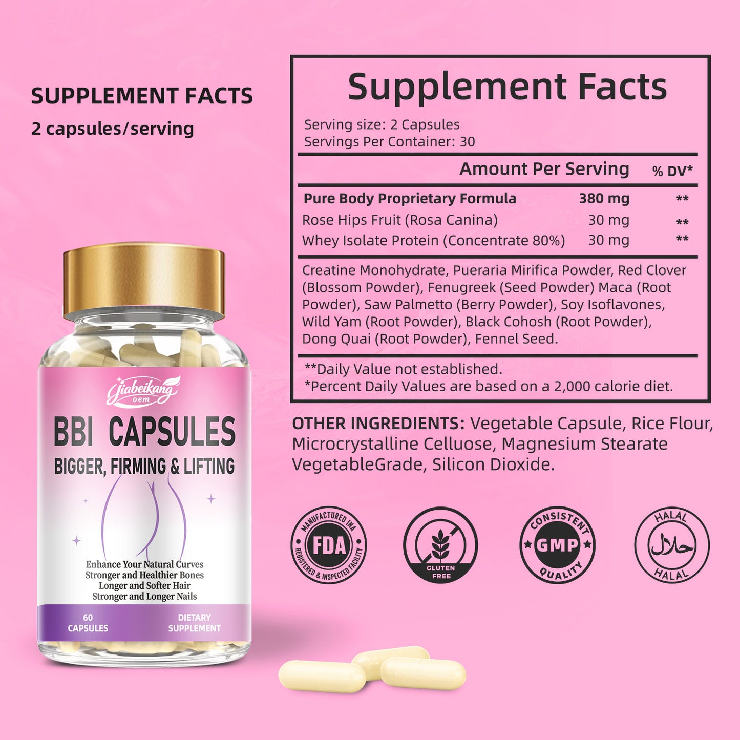 Jiabeikang Factory Ready Stock Wholesale OEM ODM Custom BBL Capsules Enhances Curves Breast Butt Bigger Firming Lifting