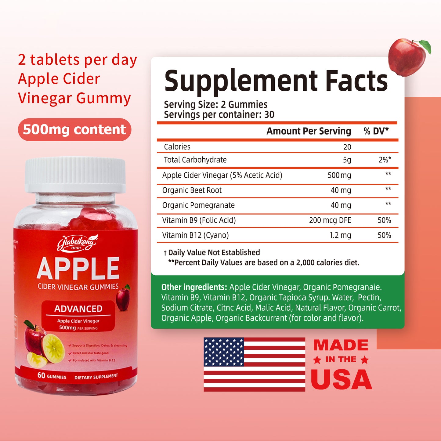 OEM L Carnitine Supplement Health 1000mg Vegan Apple Cider Vinegar Vitamin Gummies