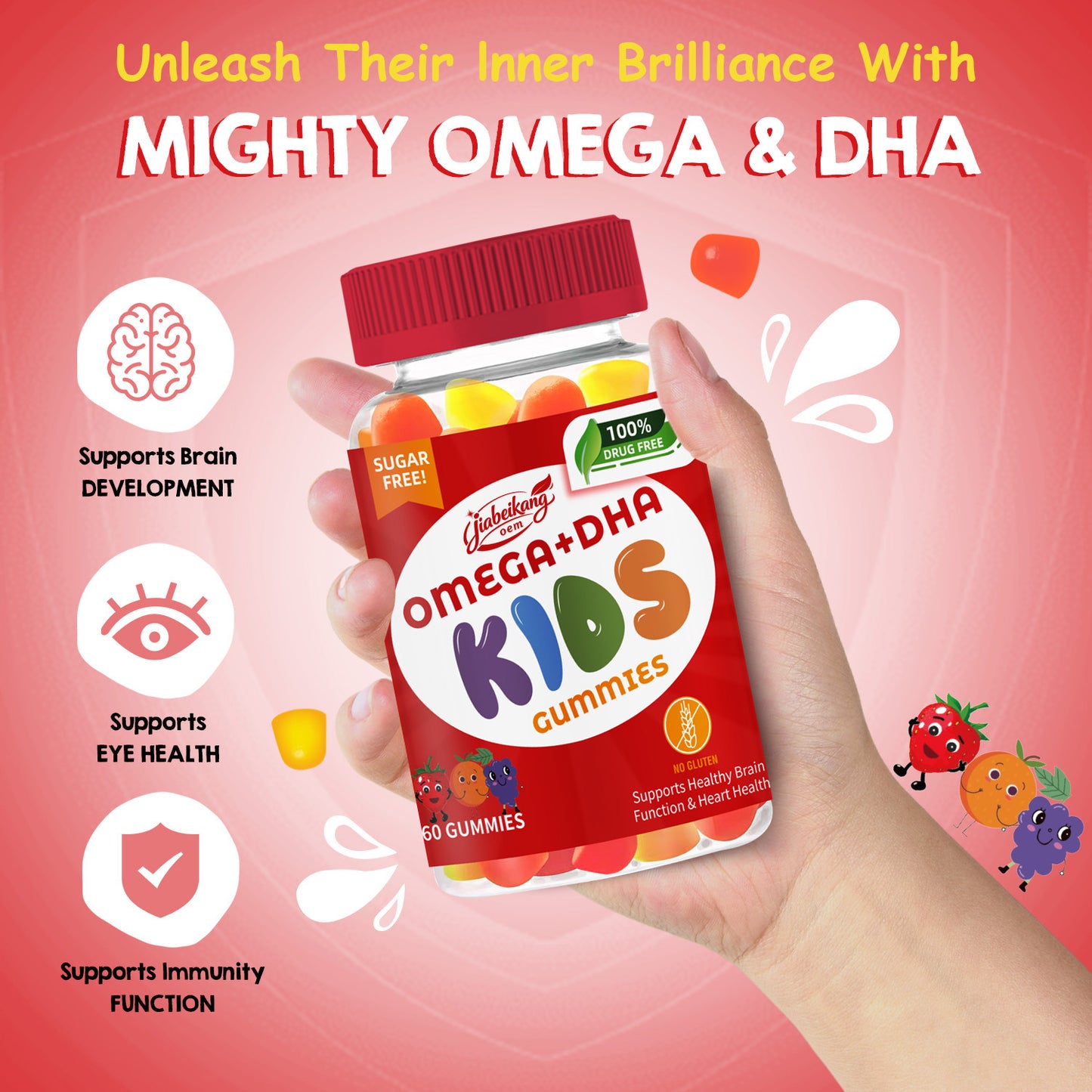 Jiabeikang Factory Kids Supplements Omega 3 6 9 Vitamin C D Brain Function Heart Eyes Health Children Grow Taller DHA Gummies