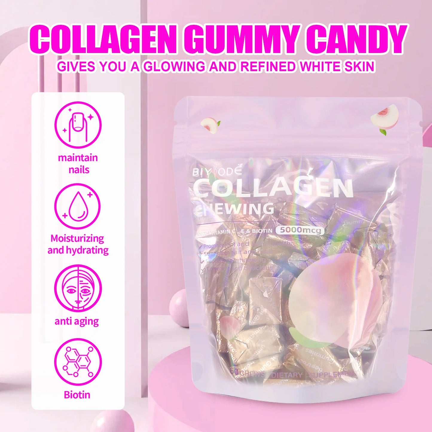 OEM Collagen Chewing Gummies Customized Beauty Supplement for Skin Hair Nails