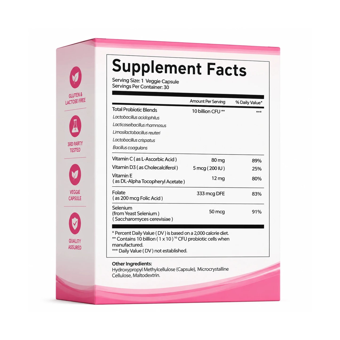 Private Label Women's Probiotic Capsules 10 Billion CFU Multi Strain Feminine Wellness Supplement with Vitamins Folate Selenium