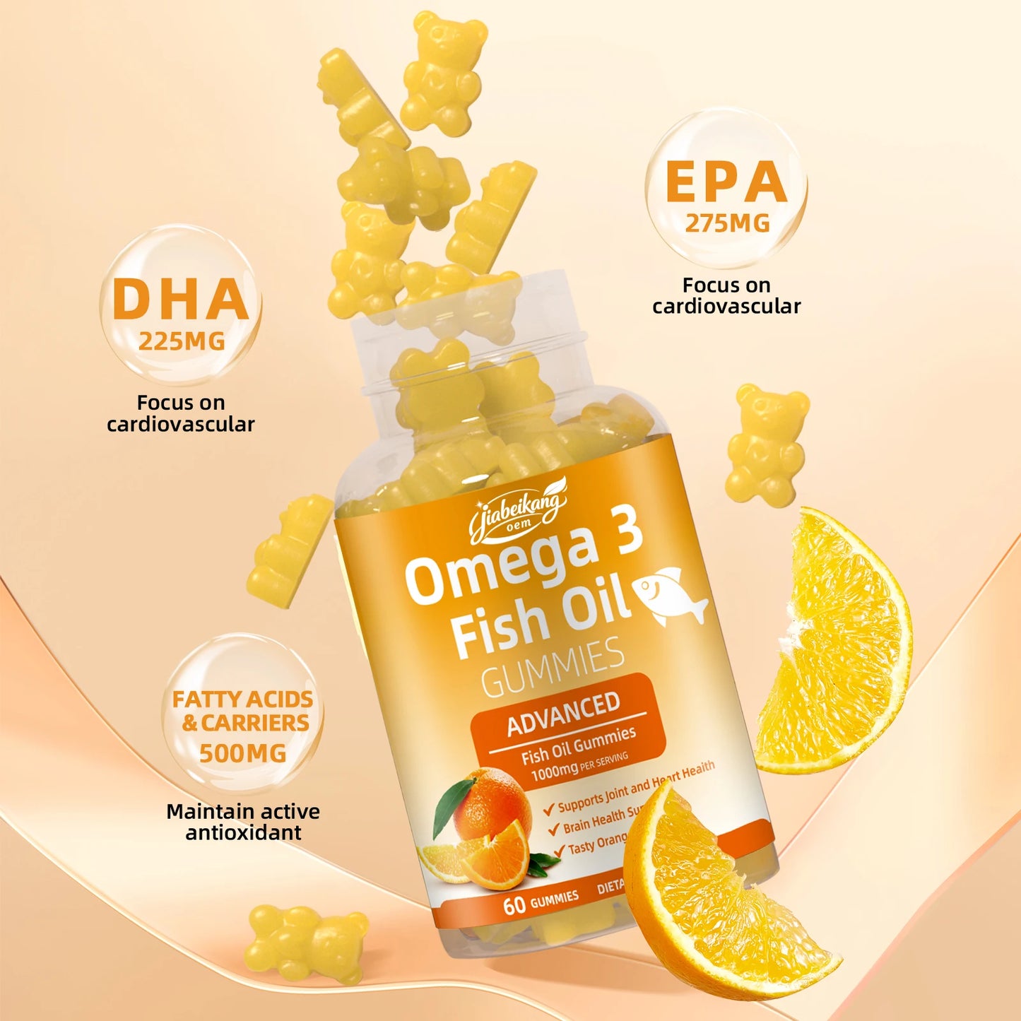 Omega 3 Fish Oil Gummies EPA DHA 500mg High Potency Support Heart Brain Wellness Sugar Free Orange Flavor 60 Gummies