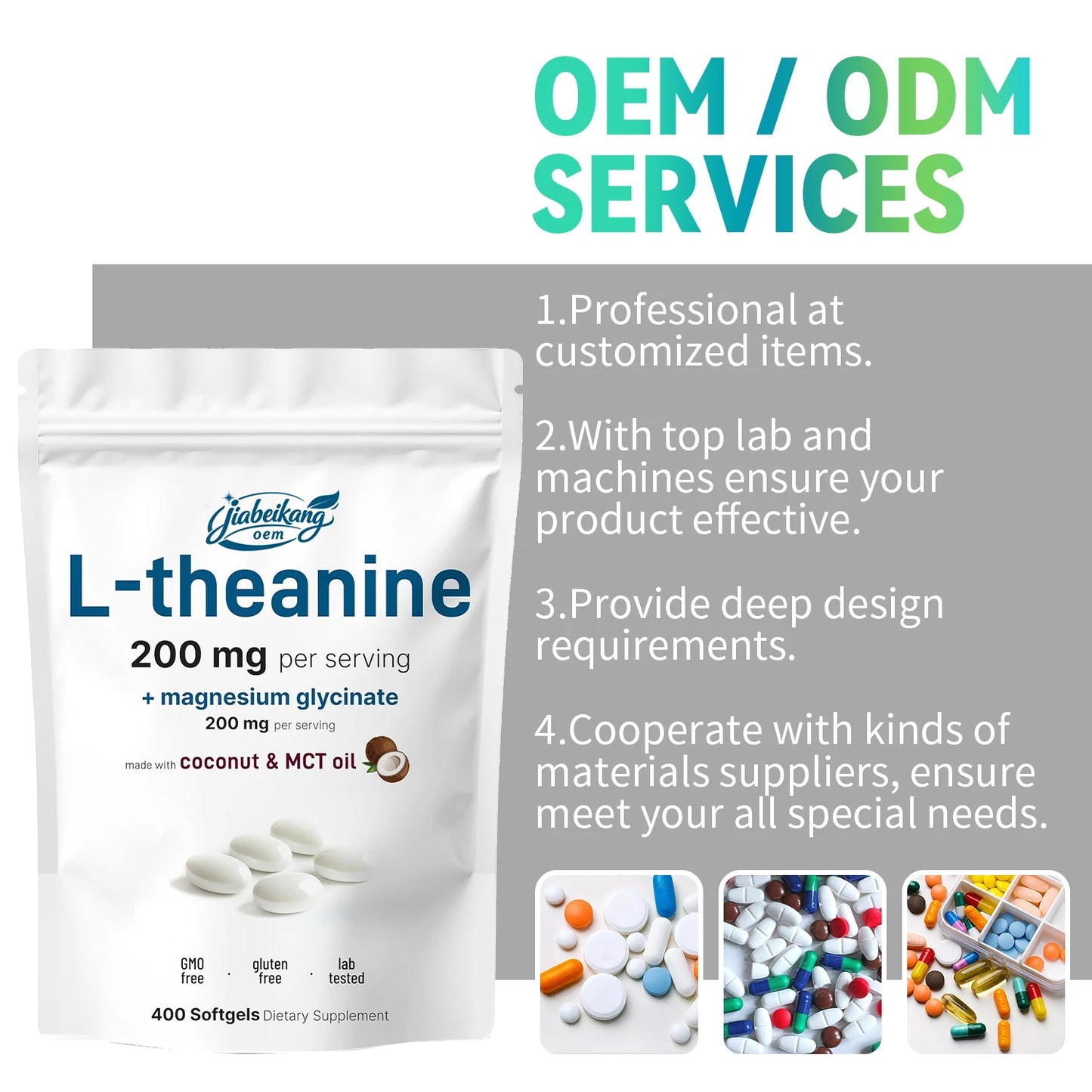 Private Label L-Theanine Magnesium Glycinate Softgels 2 in 1 Amino Acid Mineral Formula Coconut MCT Oil Supplement Manufacturer