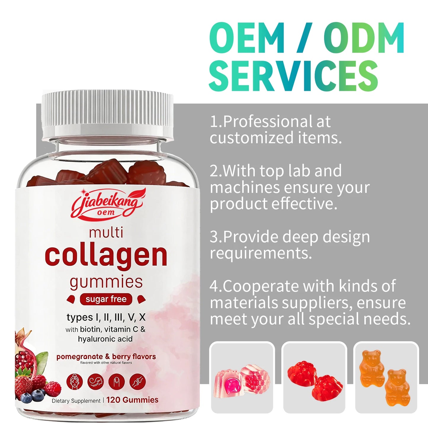 OEM 8 in 1 Multi Collagen Gummies with Hyaluronic Acid Biotin and Vitamin C Pomegranate Berry Flavor