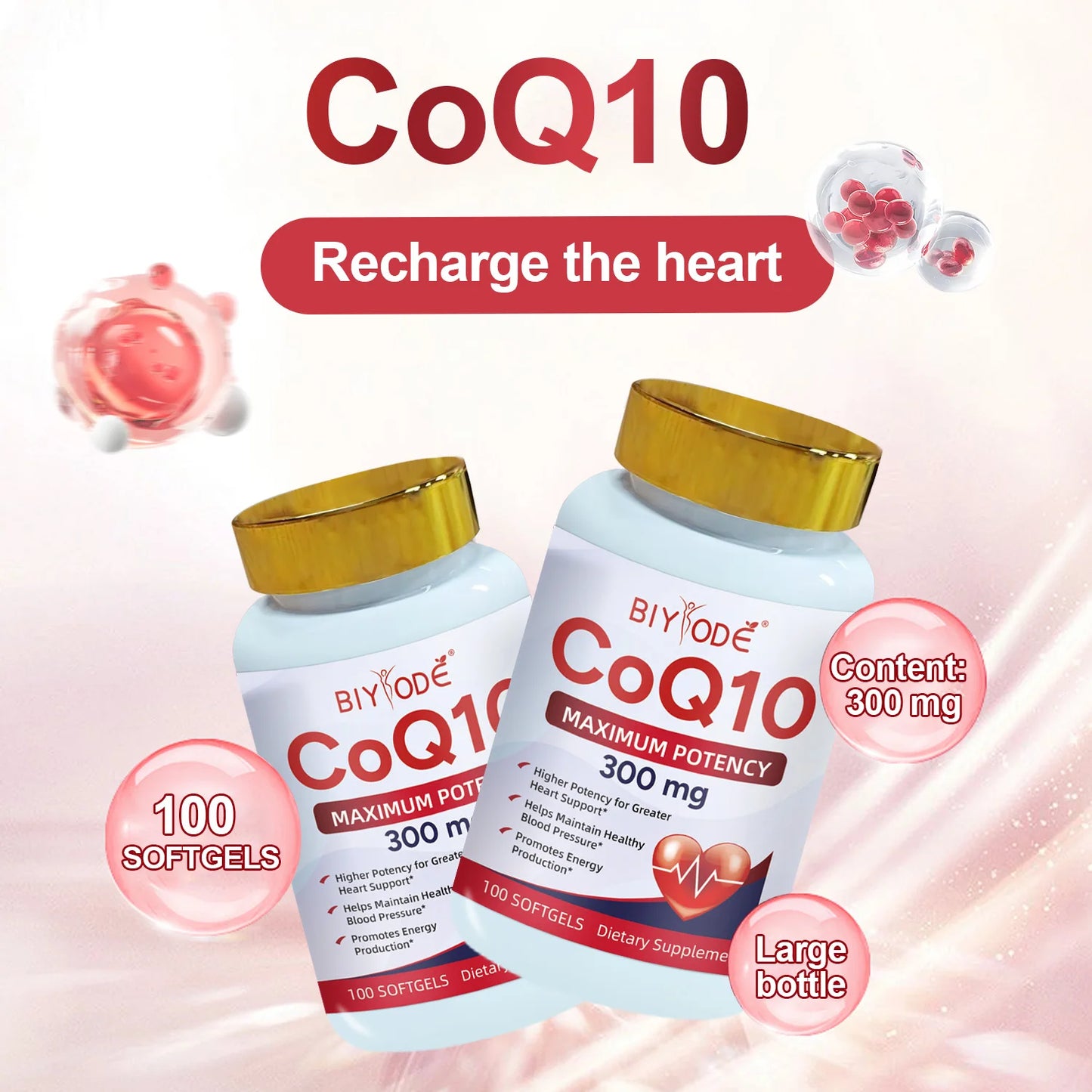 BIYODE CoQ10 300mg Softgels Custom Brand Heart Support Energy Formula Dietary Supplement