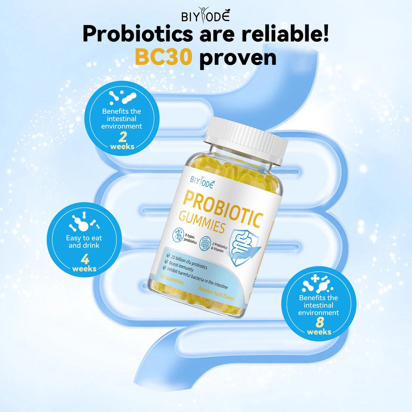 Manufacturer Wholesale Probiotic Gummies CFU with Prebiotics Passion Fruit Flavor Gut Flora Balance Daily Supplement OEM ODM