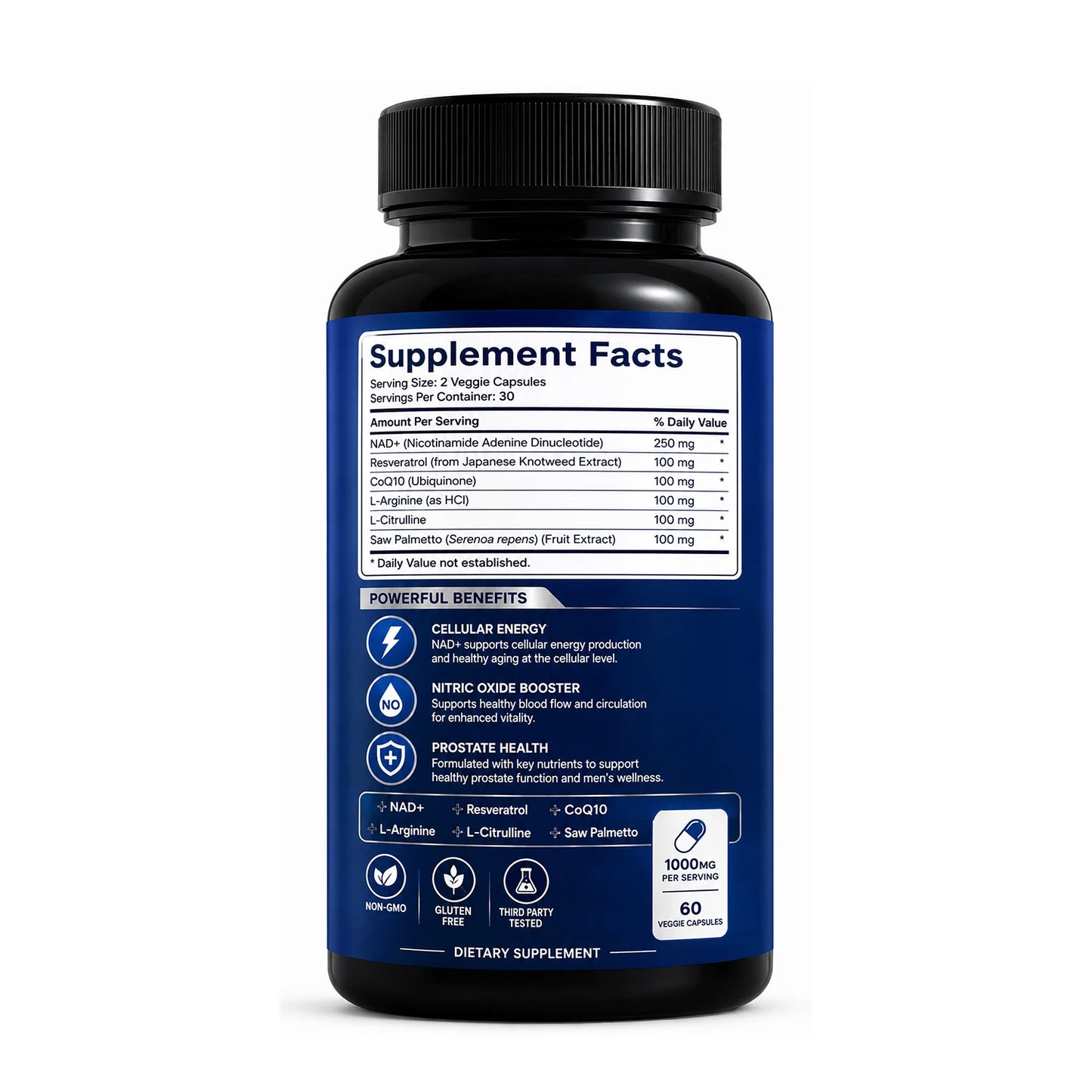 Custom Private Label Mens NAD Plus Precursor Capsules with Zinc Maca Root L Arginine Herbal Wellness Supplement Manufacturer