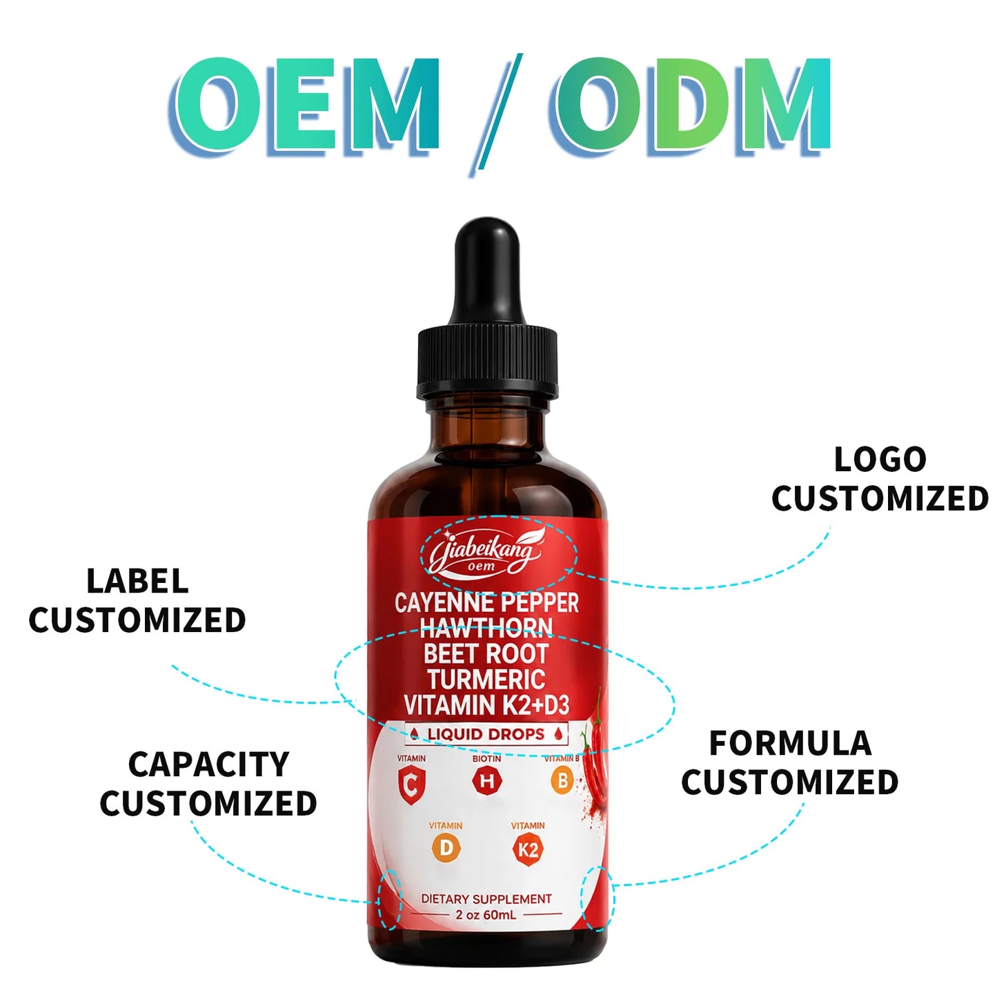 OEM Private Label Cayenne Pepper Liquid Drops with Vitamin D3 K2 Botanical Wellness Supplement Fast Absorbing Formula