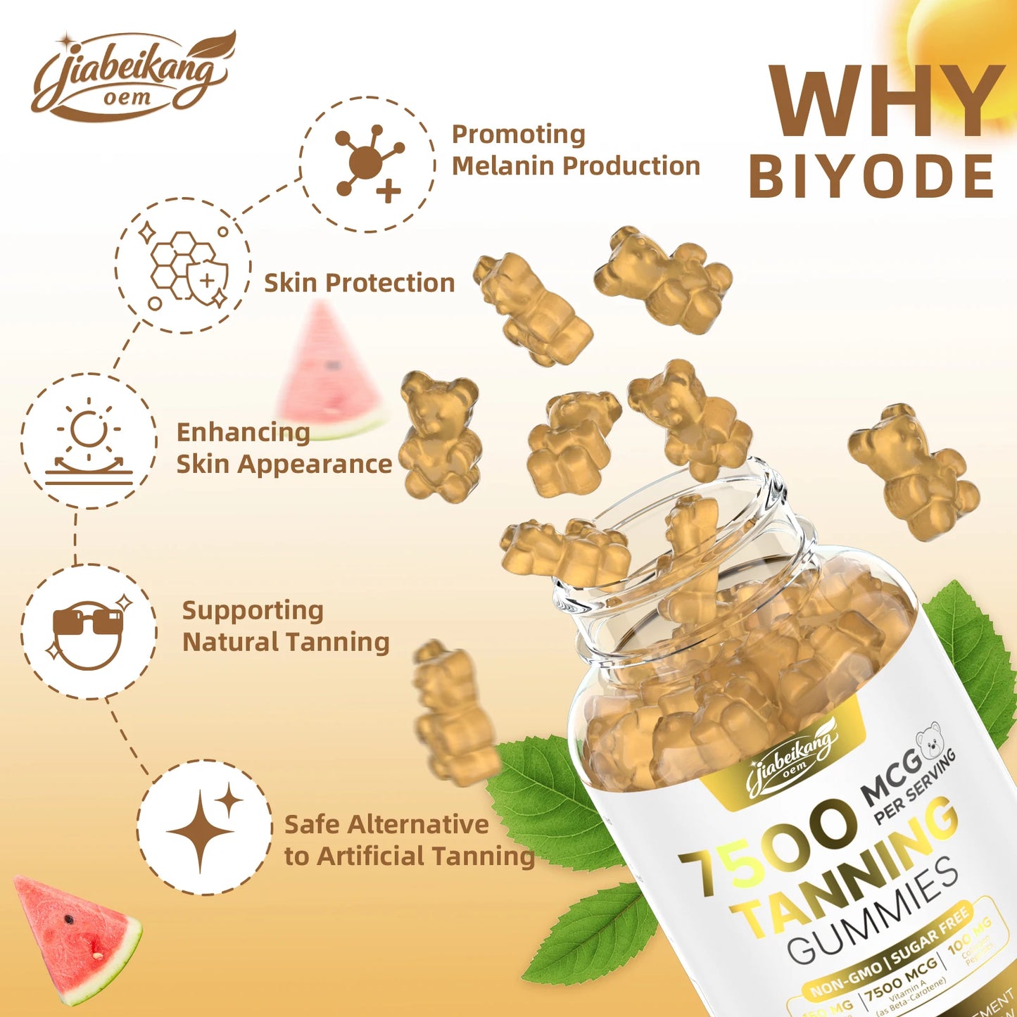 Custom Private Label Tanning Gummies Natural Skin Glow Supplement Sugar Free Vegan with Vitamin A Beta Carotene L-Tyrosine