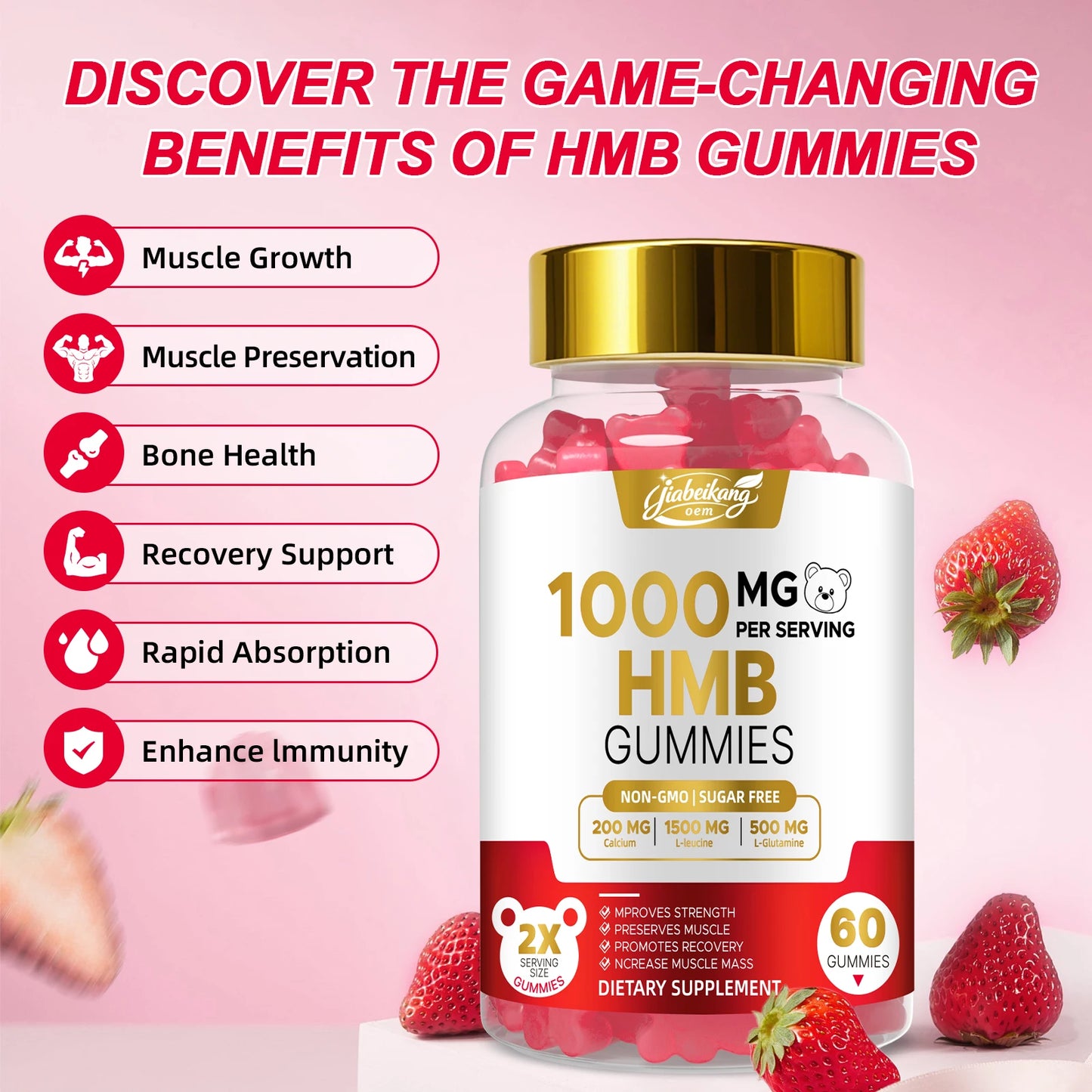 Custom HMB Gummies with L-Leucine L-Glutamine Muscle Recovery & Endurance Support Chewable Supplement 60 Count Bottle