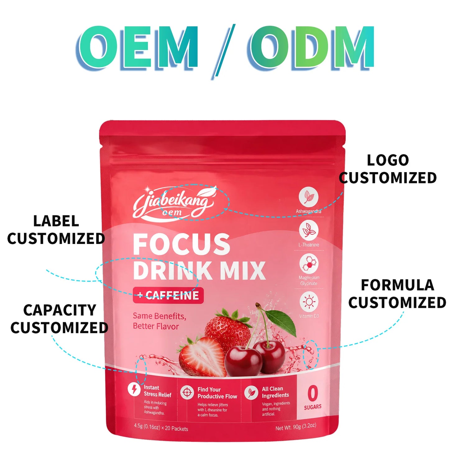 OEM Private Label Focus Support Drink Powder Stick Packs with Alpha GPC Lion's Mane L Theanine Energy Blend