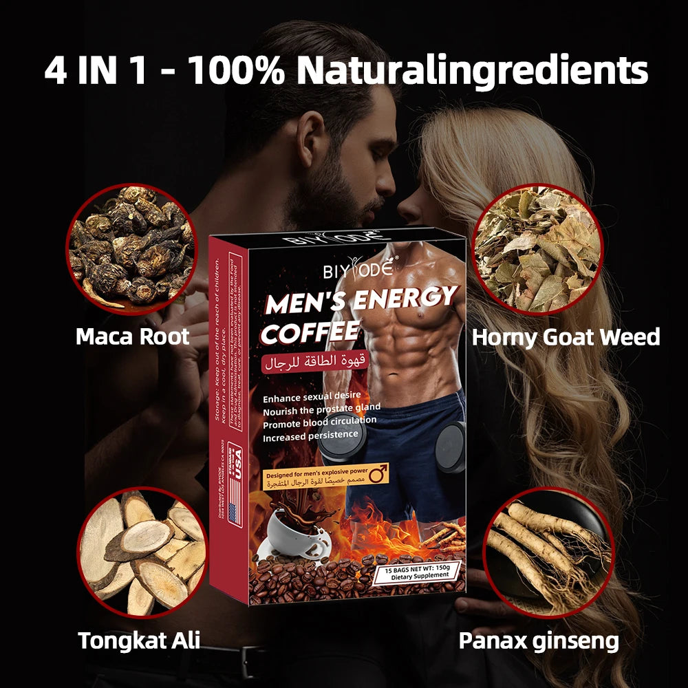 Wholesale OEM ODM Private Label Custom Men’s Energy Coffee Male Enhancement Energy Boost Herbal Drink Male Vitality Stamina Male Performance Immune Support Strength Endurance
