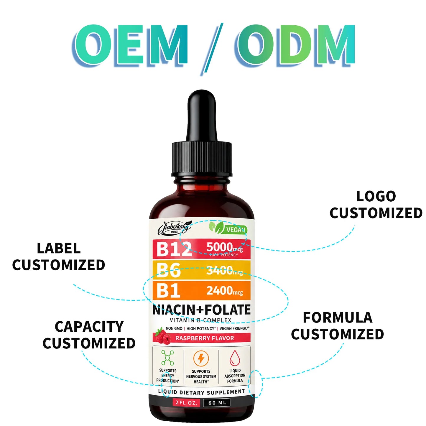 Custom Private Label Vitamin B12 B Complex Liquid Drops with B6 B1 Folate Vegan Raspberry Flavor 60ml Supplement