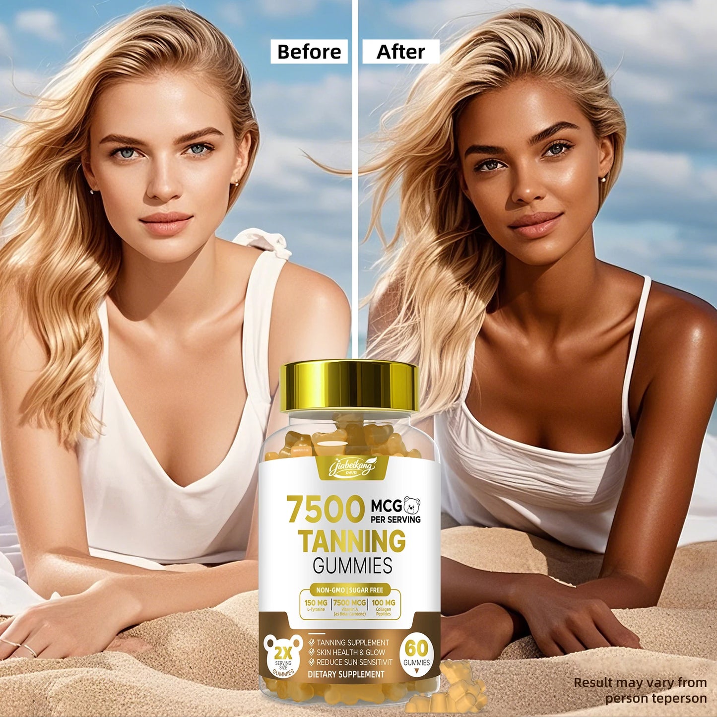 Custom Private Label Tanning Gummies Natural Skin Glow Supplement Sugar Free Vegan with Vitamin A Beta Carotene L-Tyrosine