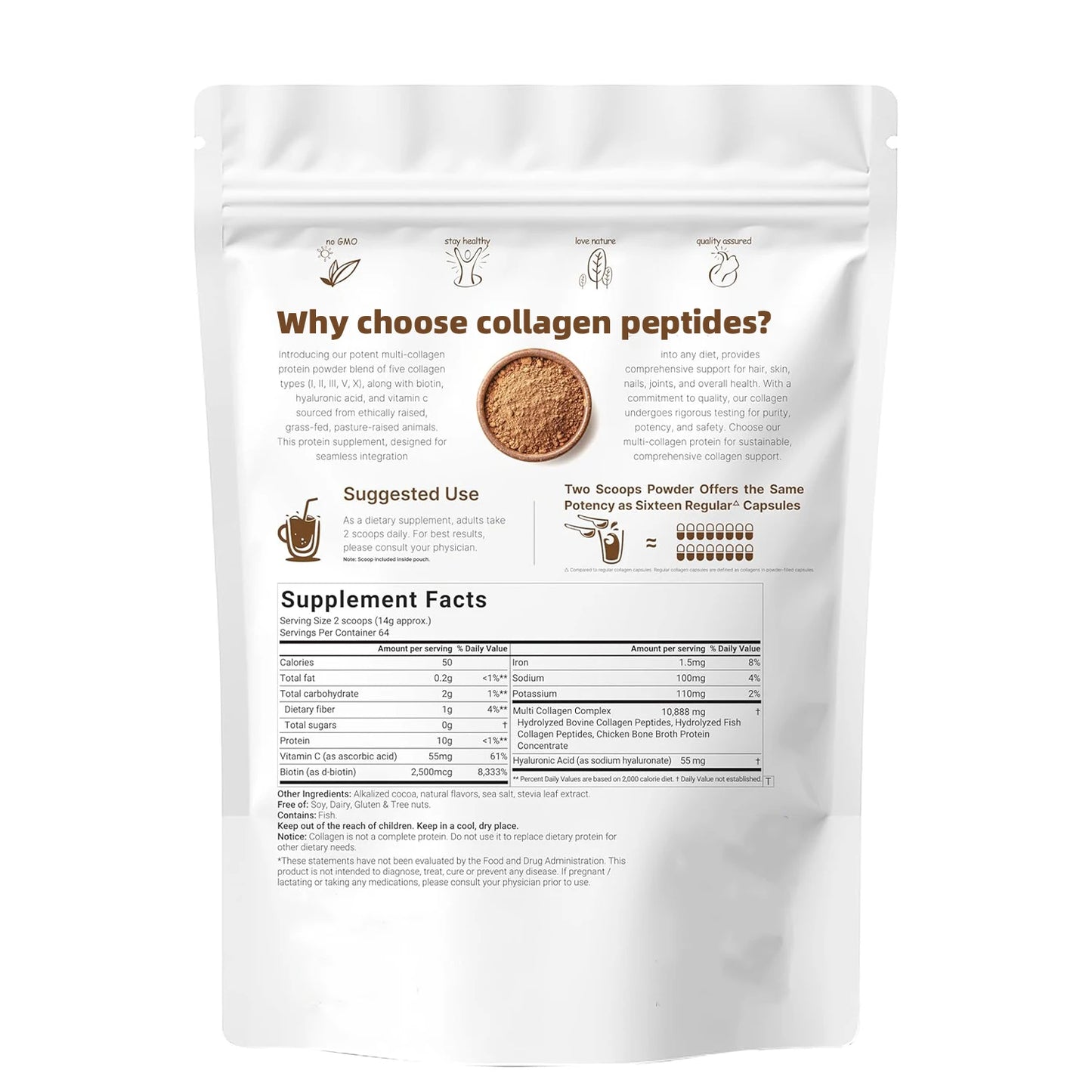 Chocolate Multi Collagen Peptides Powder Type I II III V X with Biotin Vitamin C Hyaluronic Acid 2lb Dietary Supplement