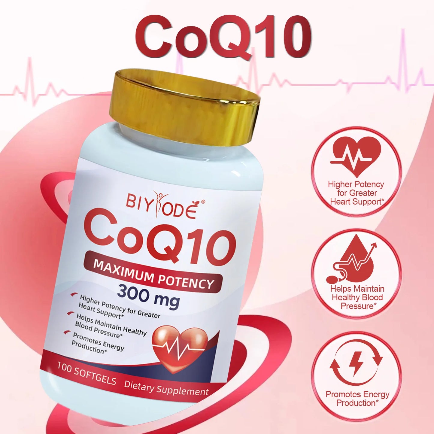 BIYODE CoQ10 300mg Softgels Custom Brand Heart Support Energy Formula Dietary Supplement