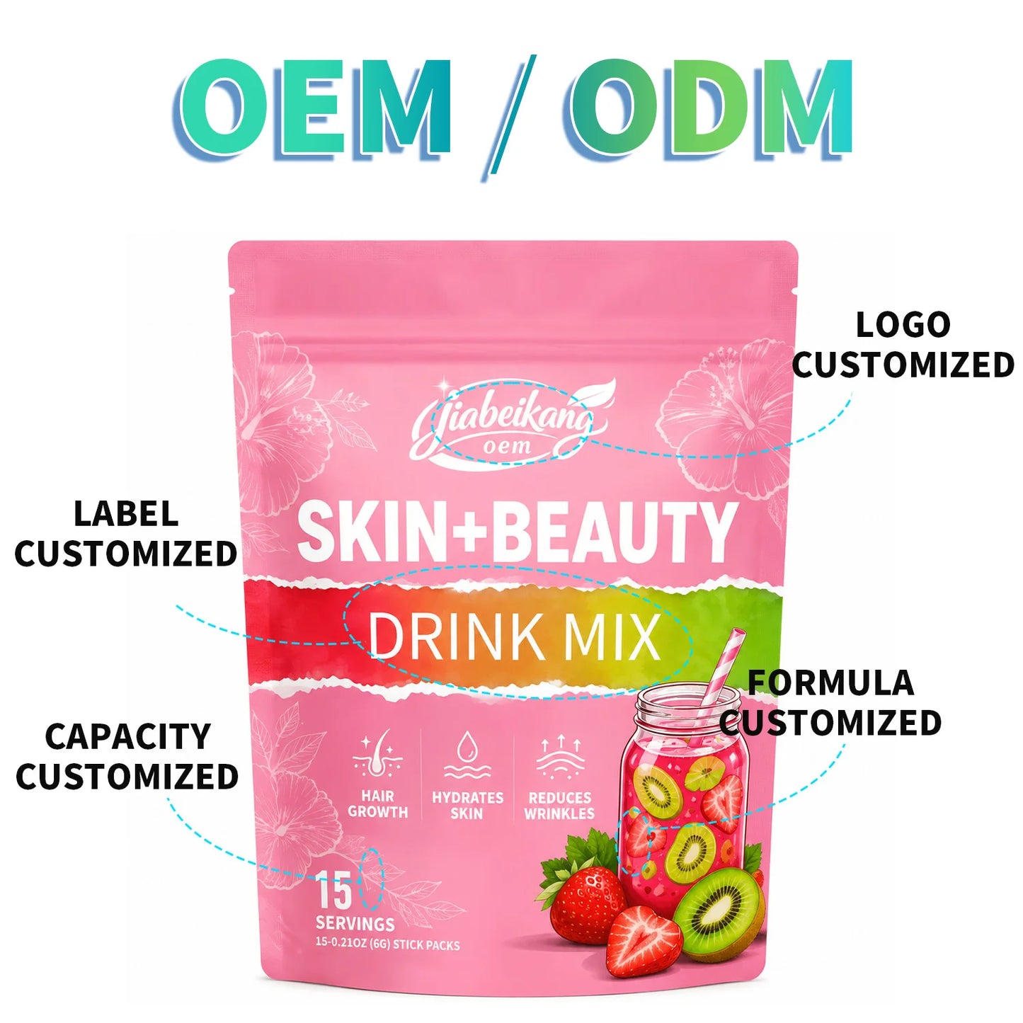 OEM Private Label 2 in 1 Beauty Drink Powder Stick with Collagen Peptides Hyaluronic Acid Biotin Vitamin C Daily Beauty Support