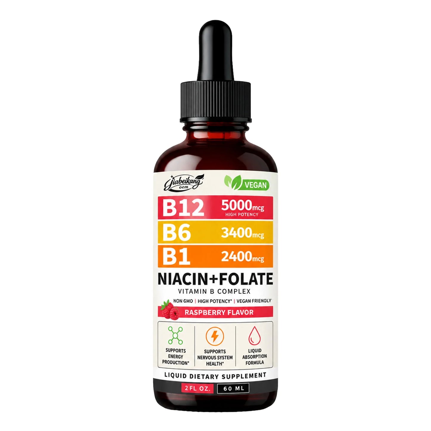 Custom Private Label Vitamin B12 B Complex Liquid Drops with B6 B1 Folate Vegan Raspberry Flavor 60ml Supplement
