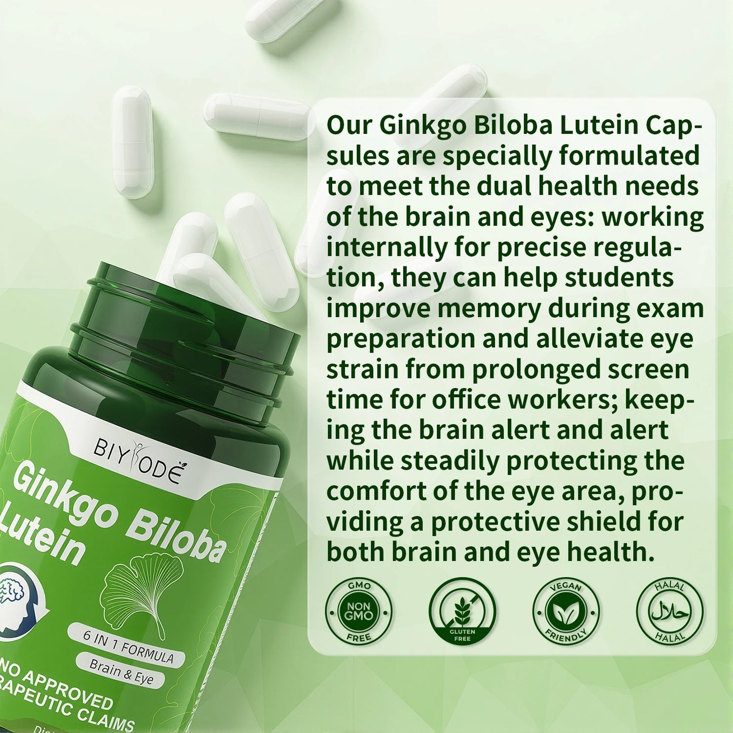 OEM Private Label Ginkgo Biloba Lutein Capsules 6 in 1 Herbal Blend Brain Eye Support Vegan Supplement
