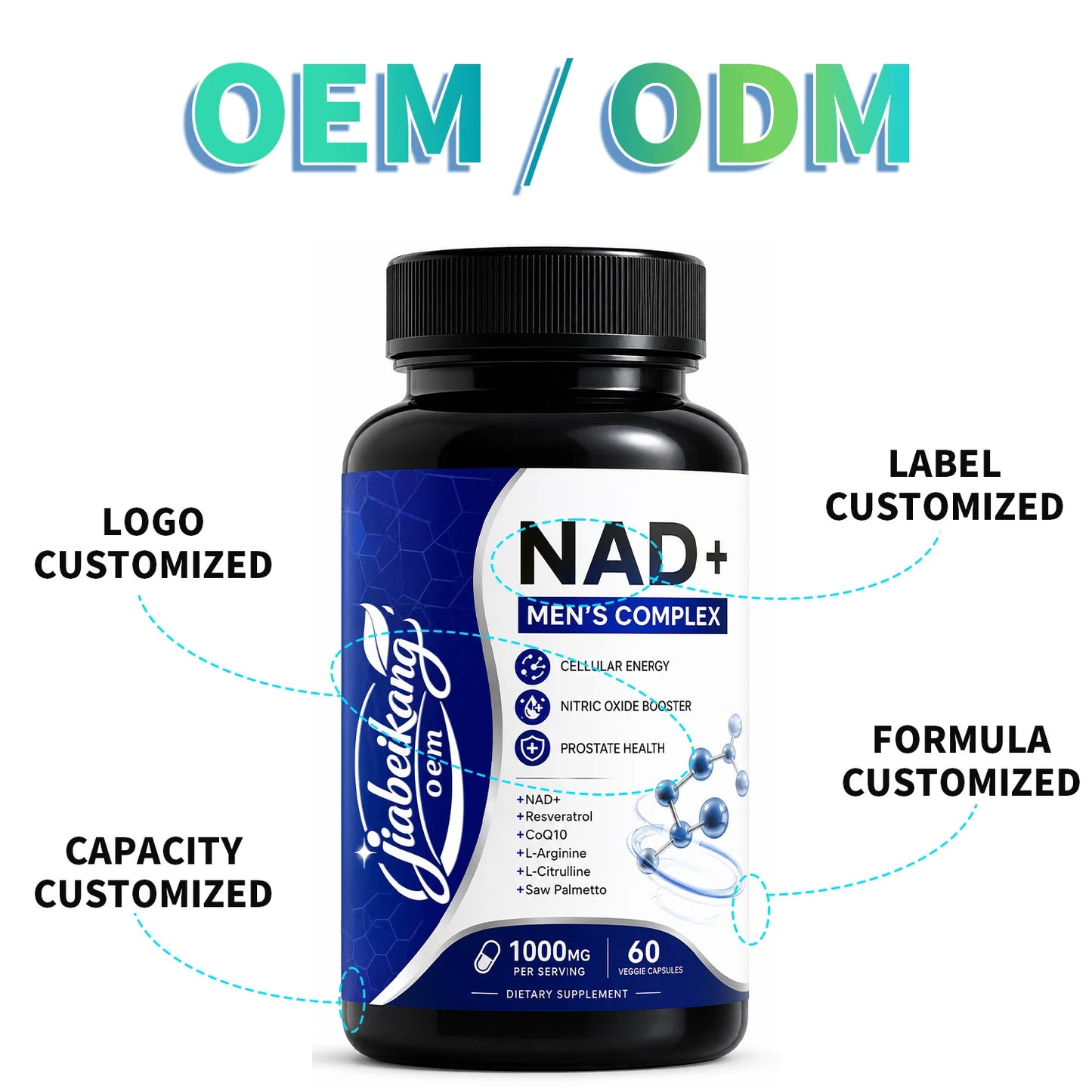 Custom Private Label Mens NAD Plus Precursor Capsules with Zinc Maca Root L Arginine Herbal Wellness Supplement Manufacturer