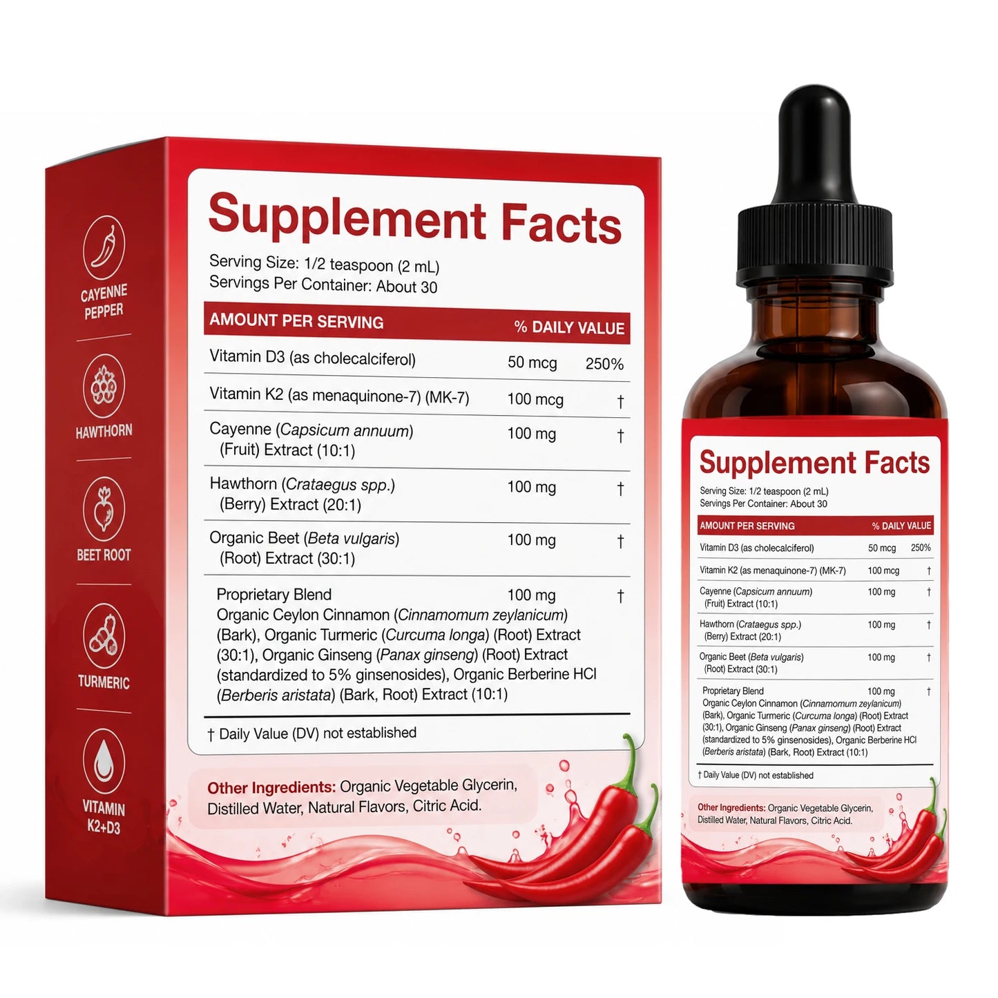 OEM Private Label Cayenne Pepper Liquid Drops with Vitamin D3 K2 Botanical Wellness Supplement Fast Absorbing Formula