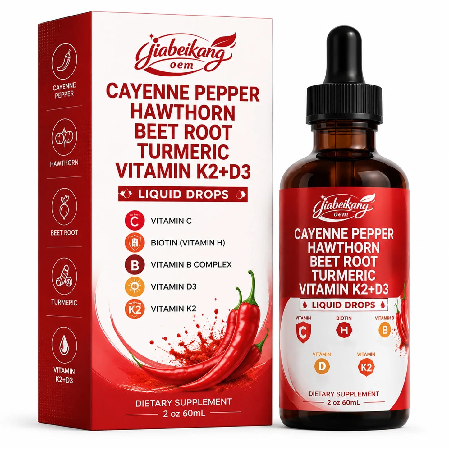 OEM Private Label Cayenne Pepper Liquid Drops with Vitamin D3 K2 Botanical Wellness Supplement Fast Absorbing Formula