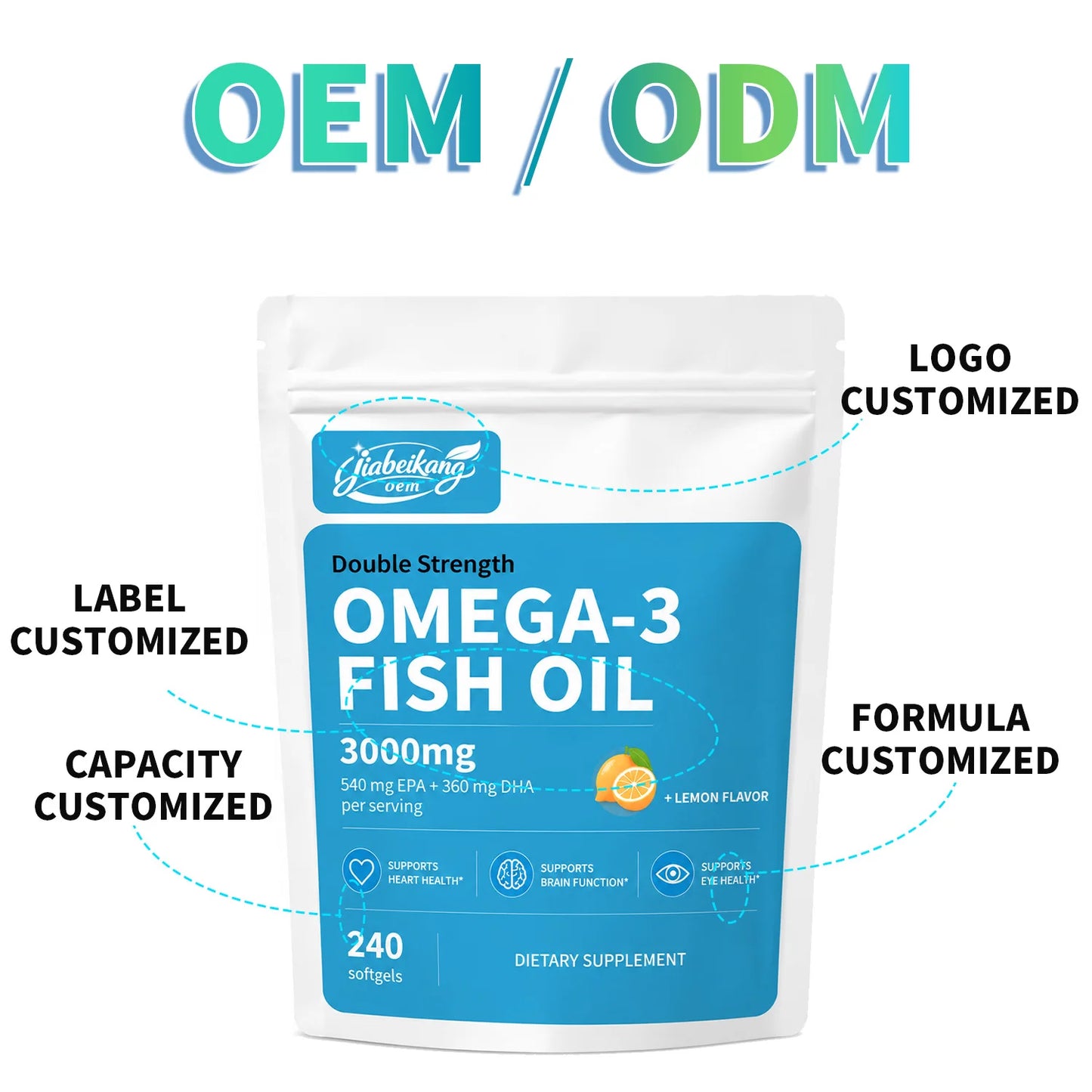 Private Label Wild Caught Deep Sea Omega 3 Fish Oil Softgels 3000mg Lemon Flavored Burpless Formula OEM Manufacturer